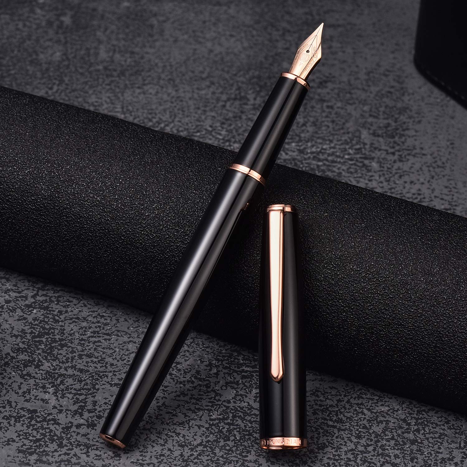 Hongdian 920 Black Metal Fountain Pen, Rose Gold Plated Medium Nib Smooth Writing Pen, Classic Pen with Ink Converter โ image 1