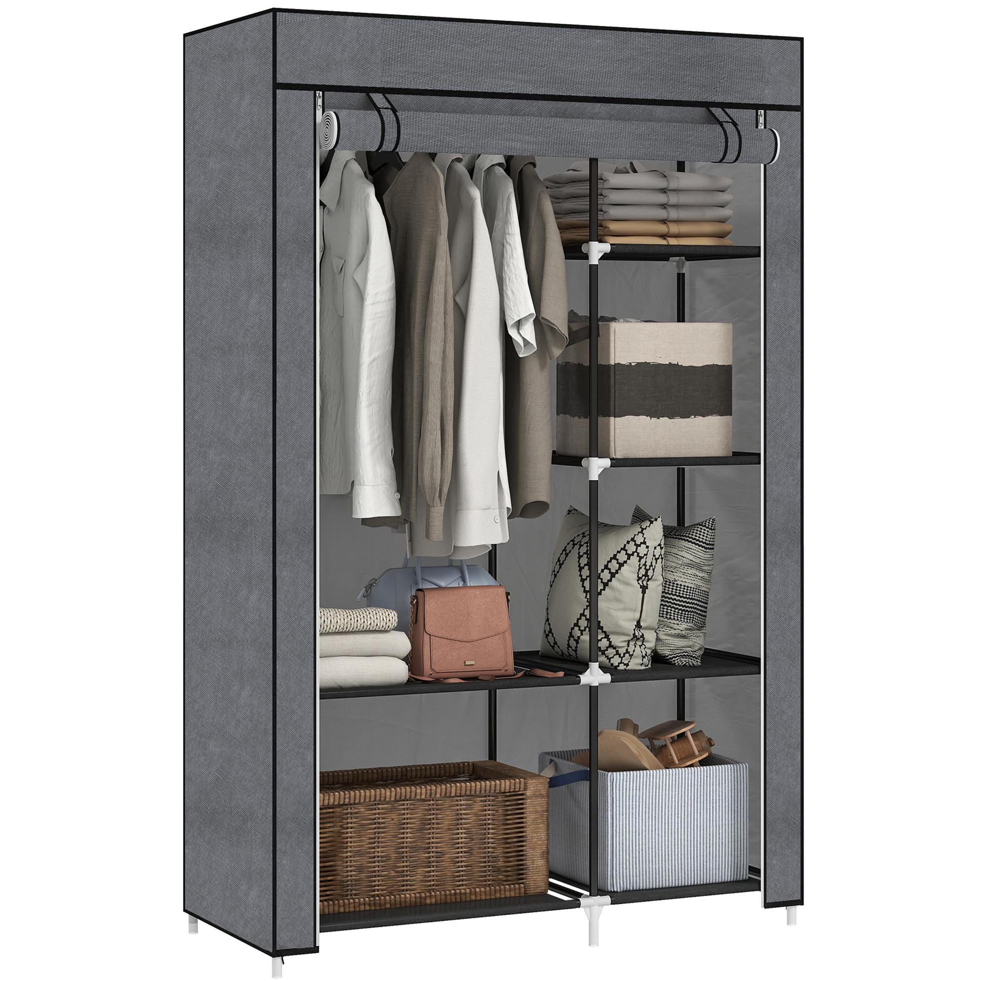 Homcom Fabric Wardrobe W/ Shelves Hanging Rail Foldable Closets Dark/Grey