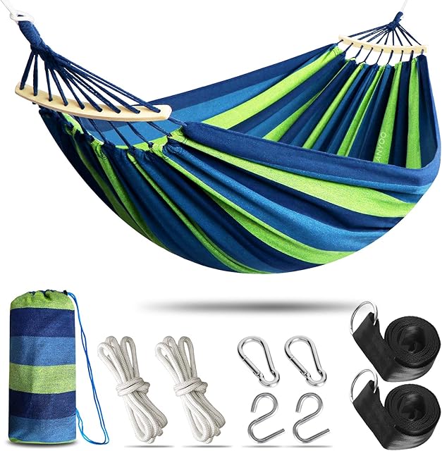 Anyoo Outdoor Cotton Hammock with Tree Straps, Comfortable Fabric Hammock with 40CM Curved Wooden bar, Portable Hammock with Compact Travel Bag, Perfect for Indoor Balcony Garden Patio Yard