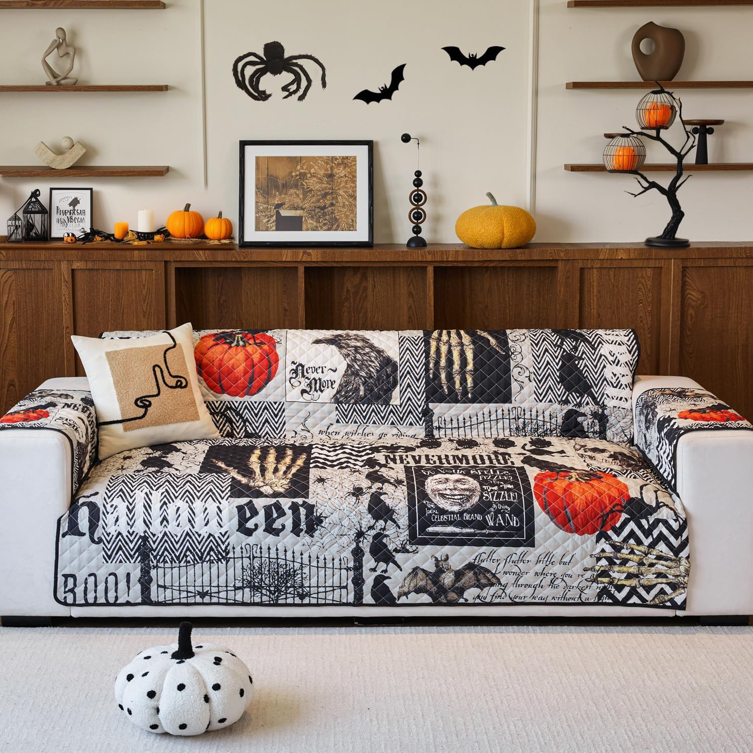 EVENHUG Halloween Sofa Cover for Festival Home Decorations Medium Slipcover Furniture Protector Washable Couch Cover with Non Slip and Elastic Straps for Kids Pets Dogs (Loveseat)