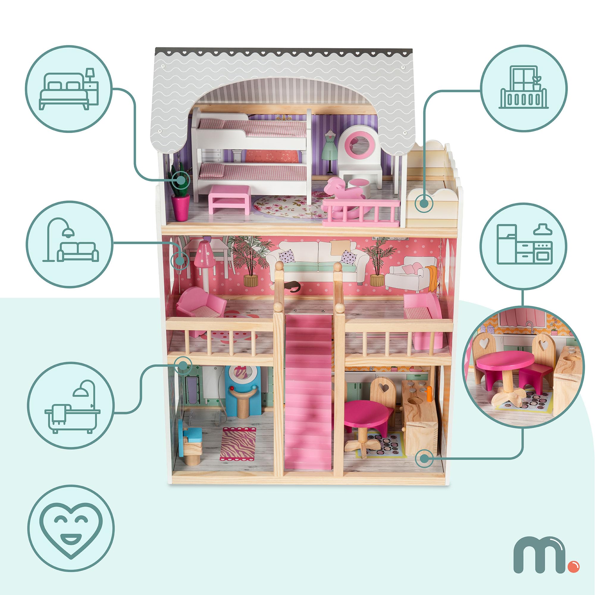 mamabrum Casa delle Bambole in Legno XXL – 3 Piani con LED e Mobili Inclusi – Casa Bambole 90x60x30 cm – Design Pastello Sicuro ed Educativo – Giocattolo per Bambine dai 3 Anni