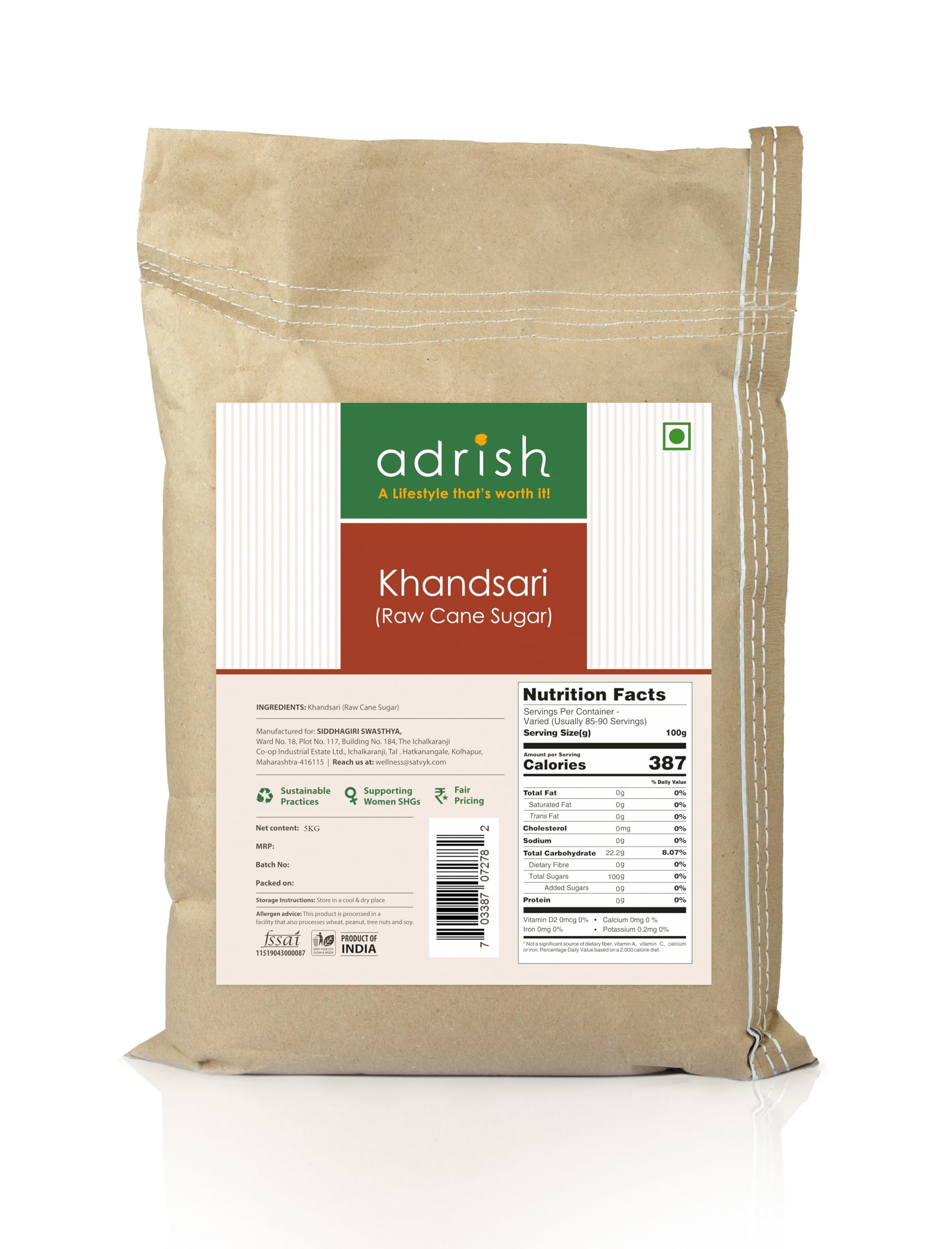 Adrish Zerowaste Organic Desi Khand (5kg) - Unrefined Khandsari | Raw Khand | Unprocessed Sugarcane Khandsari Sugar | Khandsari Sugar | Chemical Free Khand | Pesticides Free Khandsari | Sulphur-free Khand Sugar (B09MS2JLS3) Amazon Price History, Amazon Price Tracker