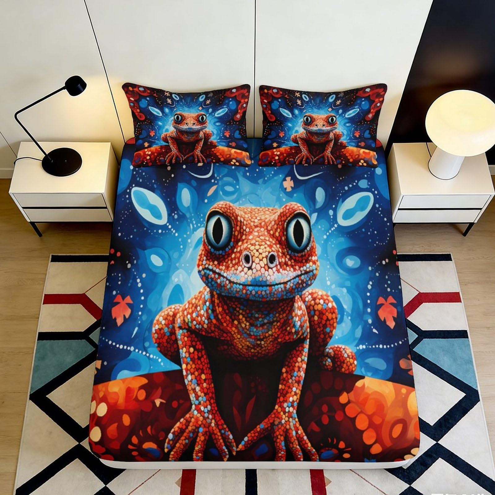 3D Printed Vibrant Gecko Fitted Sheet Microfiber Slip-Resistant Mattress Cover for Bedroom Dorm Artistic Red Blue Pattern 90x200x25cm