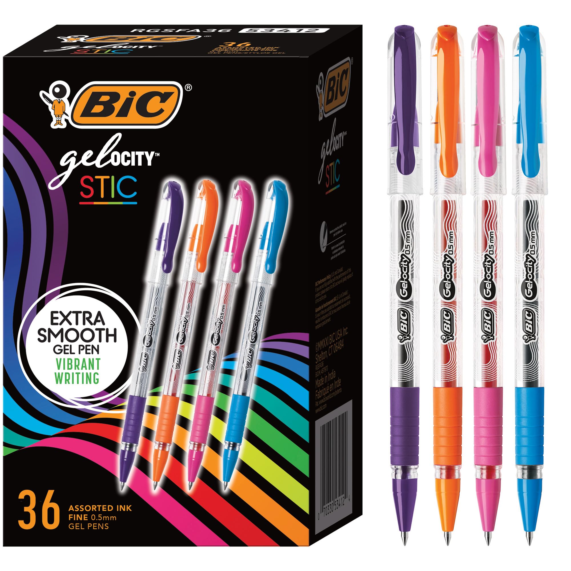 Bic Bolígrafos de Gel Gel-ocity Smooth Stic - Punta Fina (0.5 mm) Comerciales, Caja de 36 Bolígrafos de Gel Surtidos, RGSF36-AST