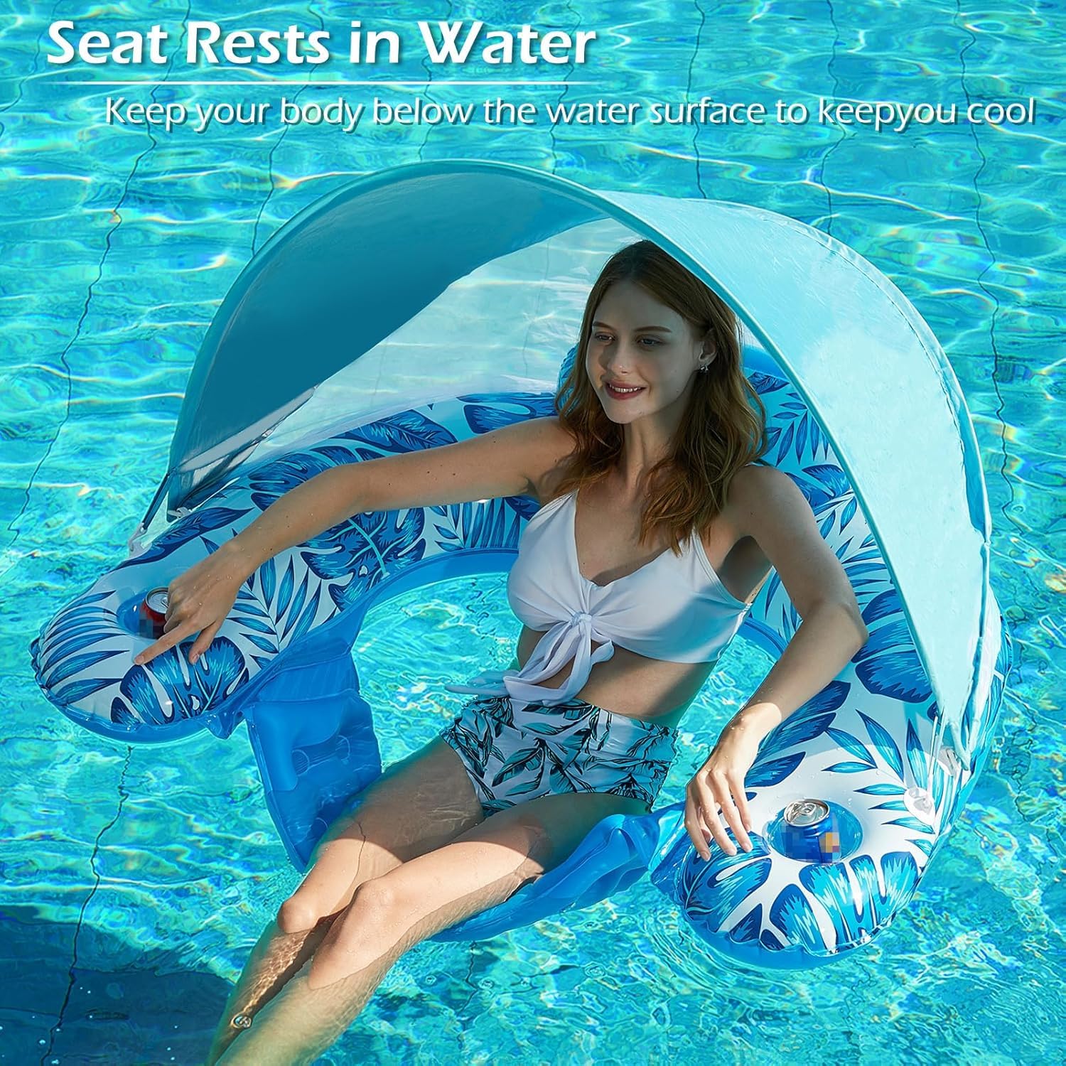 sedia galleggiante gonfiabile con Parasole UPF 50+, piscina gonfiabile con tettoia e portabicchieri, Lounge gonfiabile della sedia di galleggiamento della piscina per gli adulti