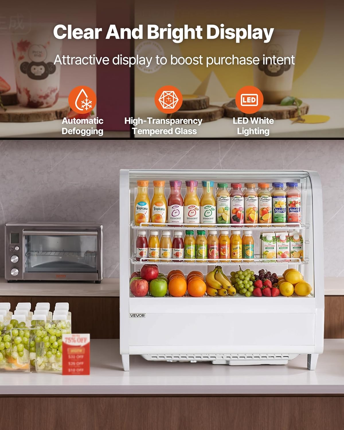 VEVOR Refrigerated Display Case, 3.5 Cu.Ft./100L Countertop Pastry Display Case, 2-Tier Commercial Cake Refrigerator with LED Lighting, TURBO Cooling, Frost-Free Air-Cooling, for Bakery, Dessert Shop