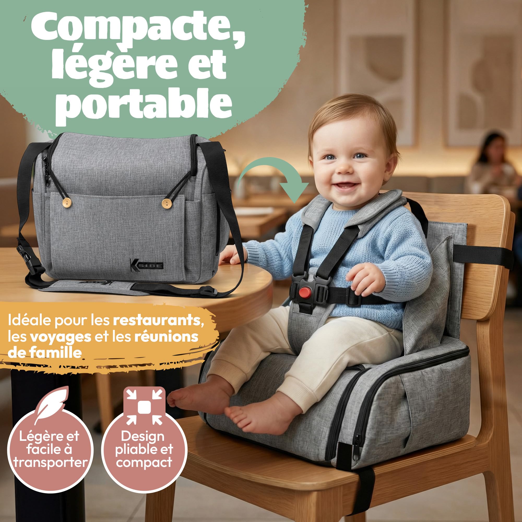 Chaise haute de voyage 2 en 1 pour bébé - Pliable, légère, imperméable - Design robuste - Capacité XXL - Sac de transport inclus - Siège sécurisé pour les repas KSIBE