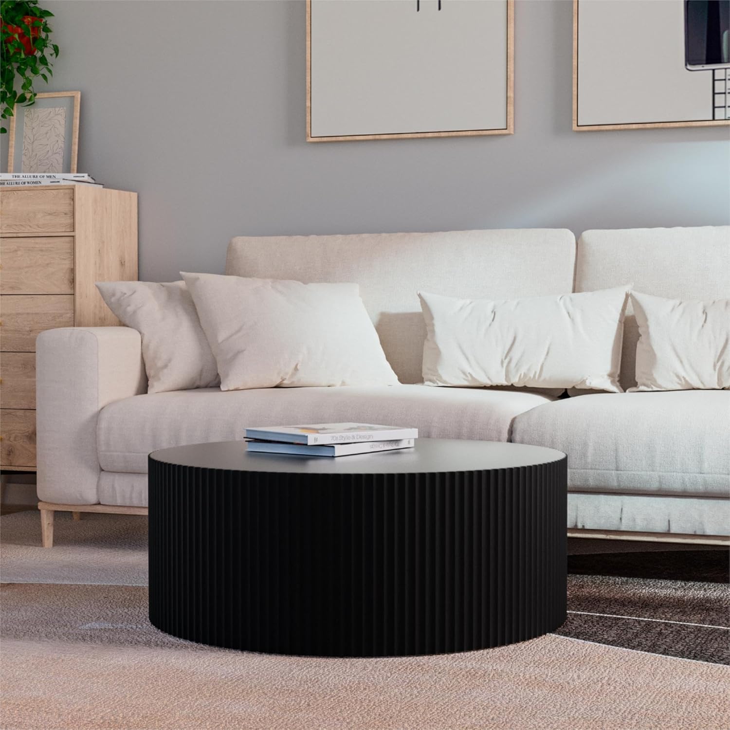 KEVINSPACE Round Coffee Table Modern CoffeeTable CoffeeTables for Living Room Round WoodCoffeeTable CircleCoffee Tables LargeRound Coffee TableBedroom Office No Assembling Ø35.43" x 13.78"H Black