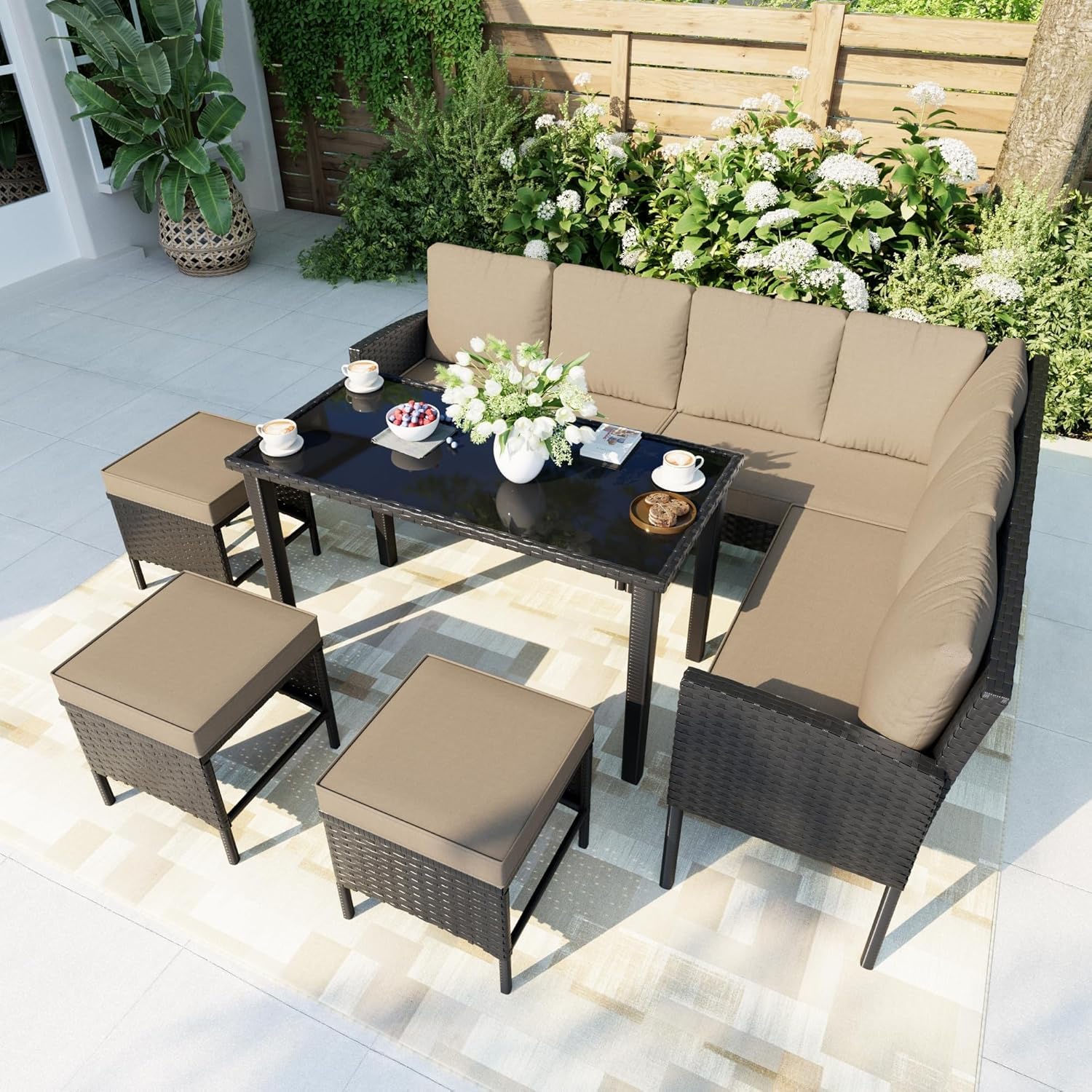 7 Pieces Outdoor Dining Set for 9 Outside PE Rattan Conversation Sets Wicker Sofa Patio Furniture with Black Glass Dining Table for Small Space Backyard Porch Balcony(Gray)
