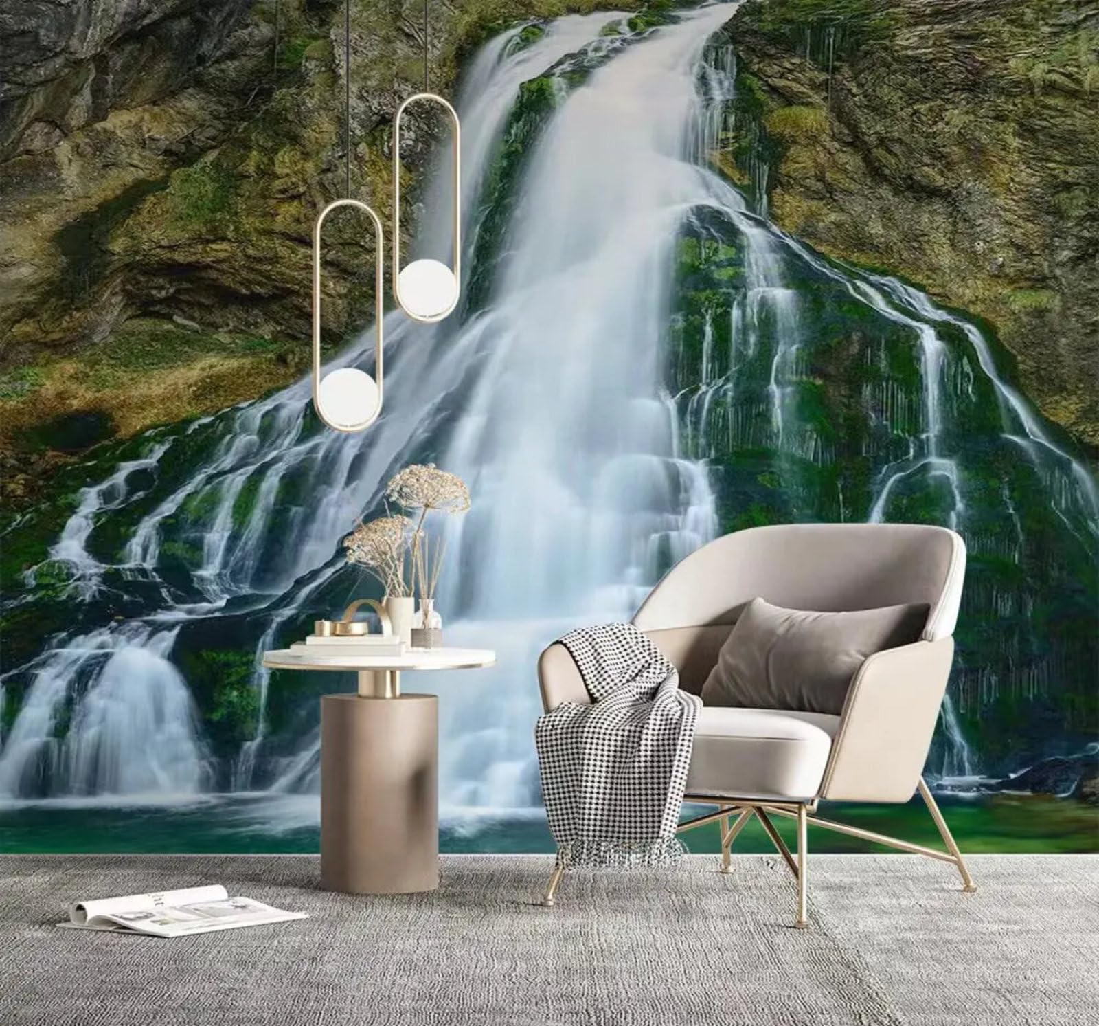 Tzxztt Beautiful Nature Landscape Mountain Peaks Waterfall Modern 3D Wallpaper Premium Textured Silk Neutral Tones Material Ideal for Living Room Bedroom-350cm×256cm