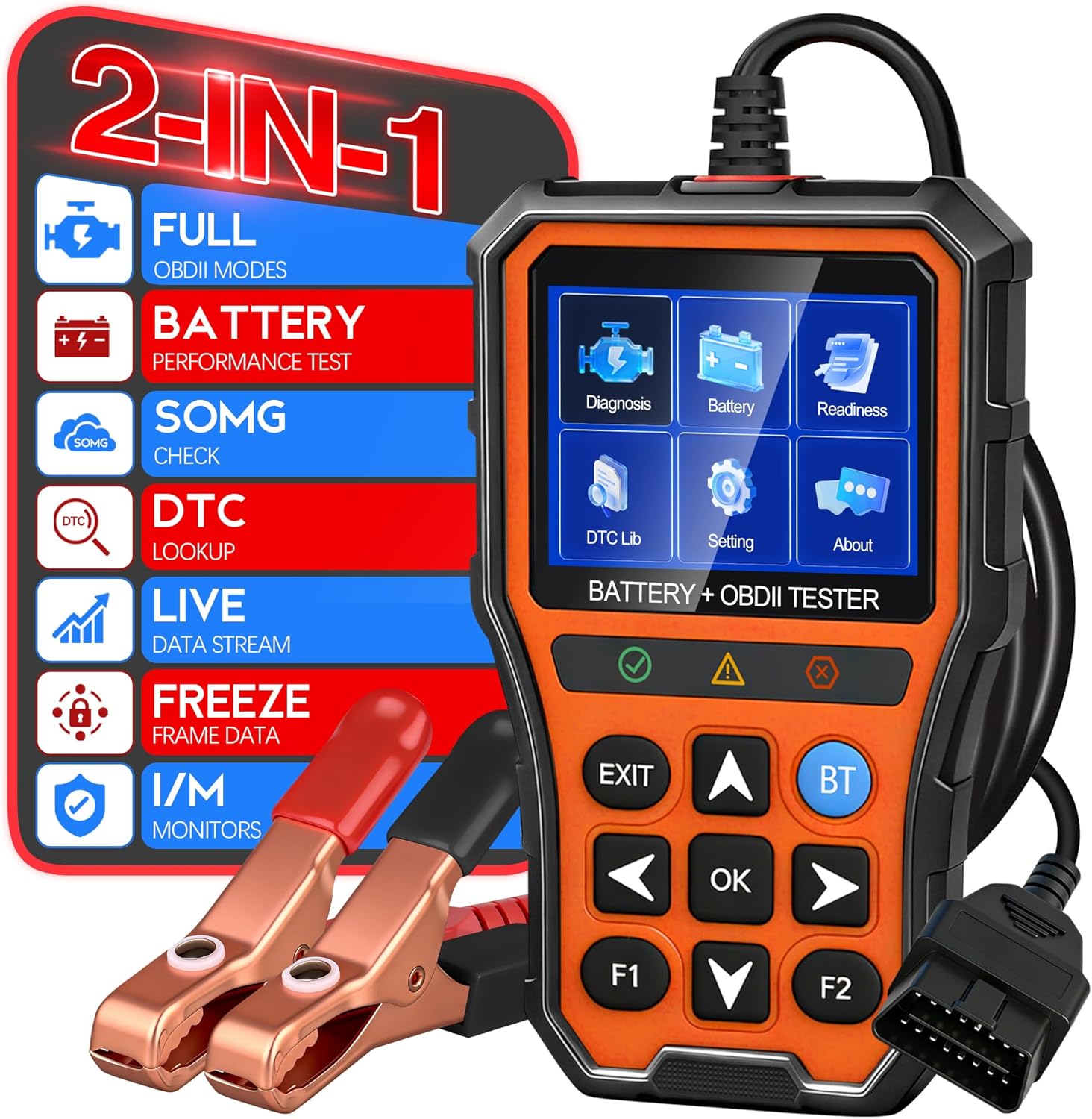 2-in-1 PRO OBD2 Scanner Diagnostic Tool, Car Code Reader with Battery Tester, Check Engine Code Reader with Reset OBDII, Real-Time Date, DTC Lookup, Scan Tool for All OBDII Protocol Cars Since 1996