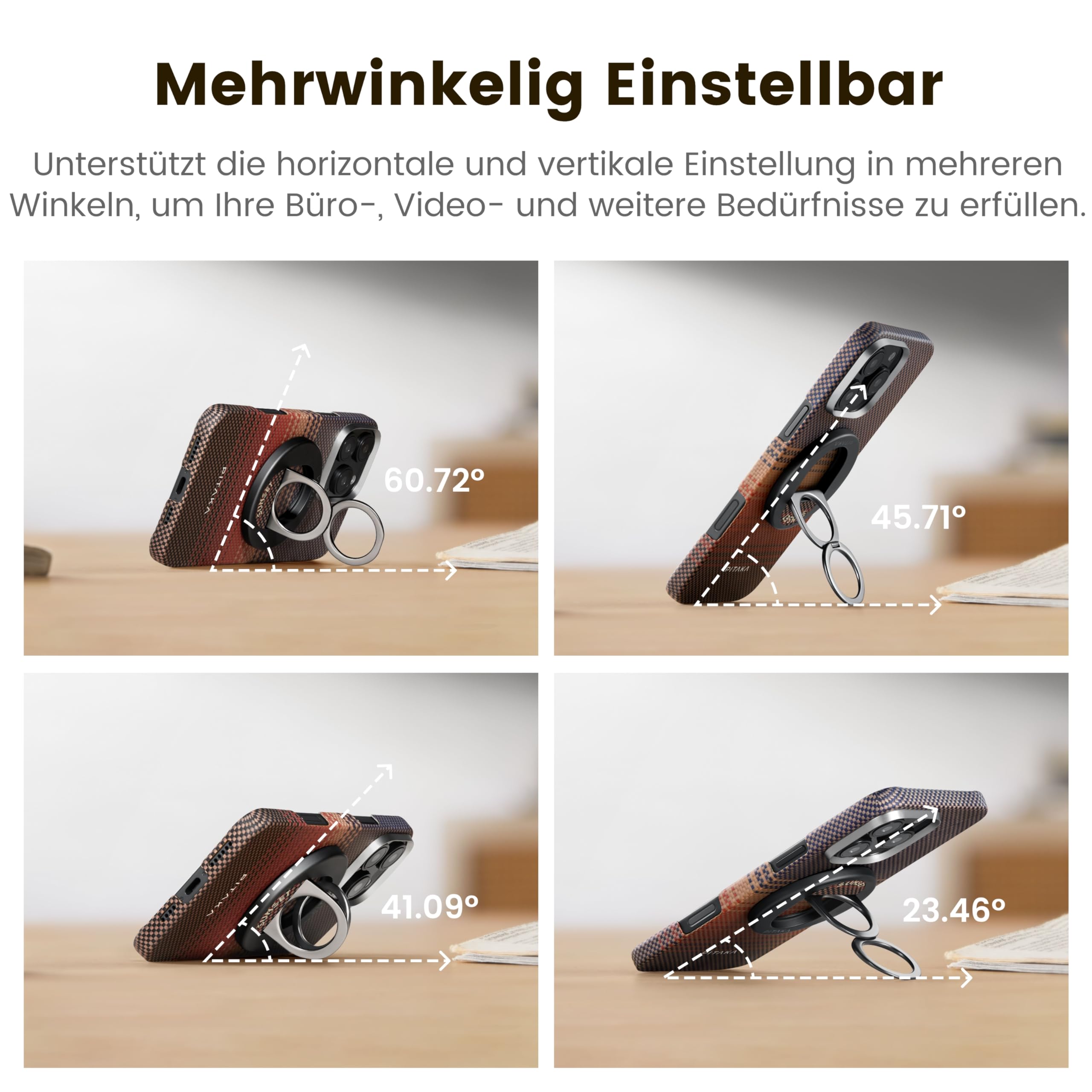 pitaka Handy Ring Halterung Magnetischer Griff Ring Halter mit Doppelring Einstellbar Fingerhalter Handy Ständer aus Aramidfaser für iPhone 17/16/15/14/13 Schwarz/Grau