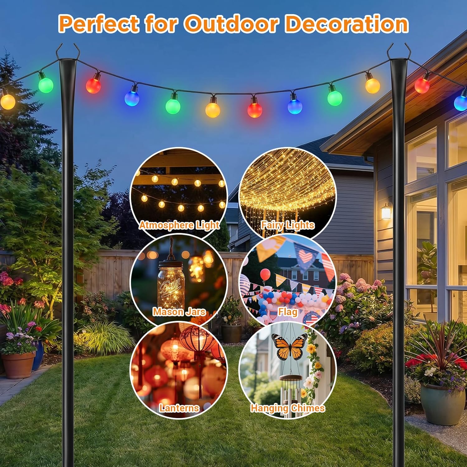 10FT String Light Poles, Heavy Duty Outdoor Light Pole Stand, 5-Prong Reinforced Steel Base, Anti-Rust, for Patio Garden Deck, Support Bistro & Edison Bulb Lights (2 Pack)