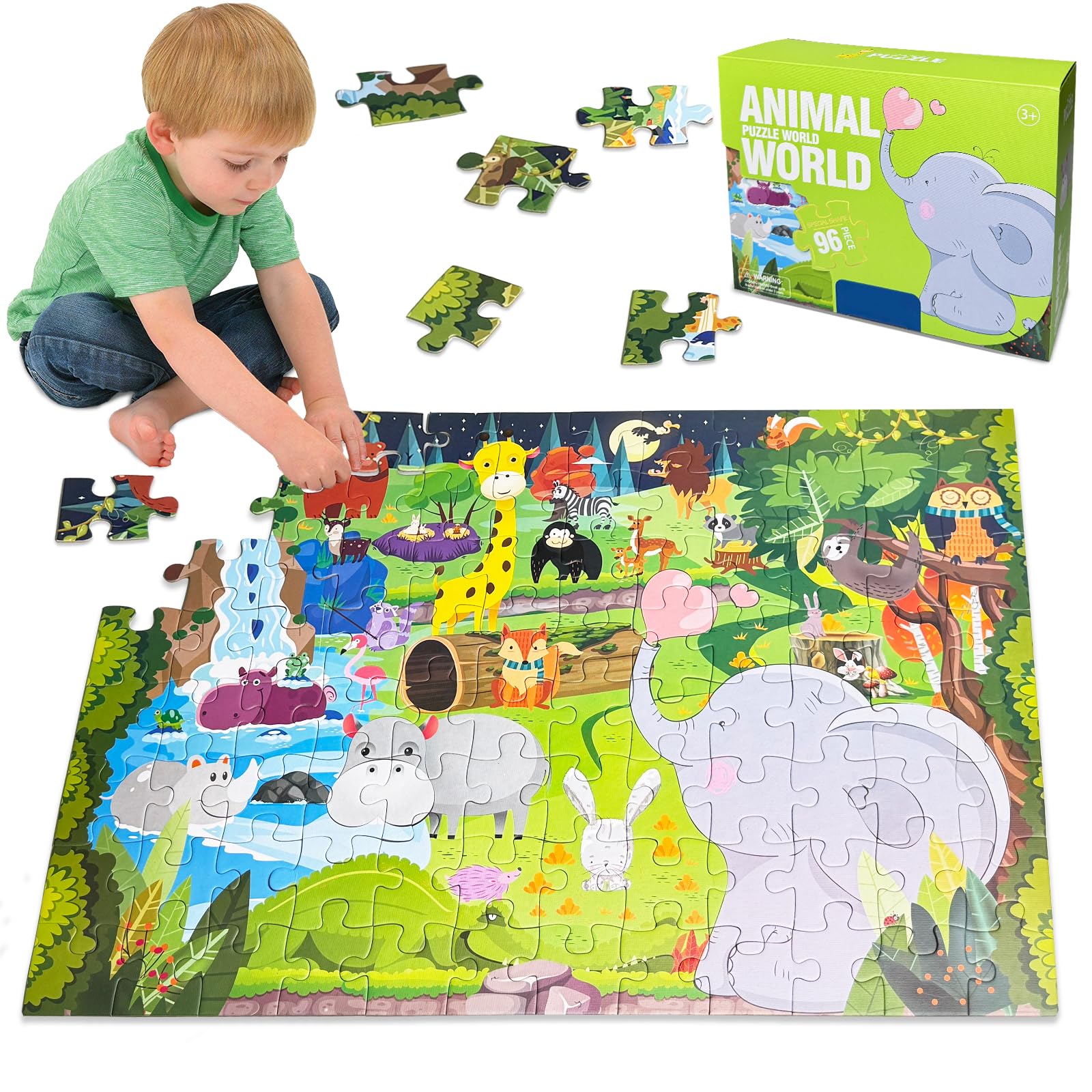 Puzzle dla dzieci od 4, 5, 6 lat, 96 elementów, puzzle podłogowe, świat zwierząt, duże puzzle dla dzieci, prostokątne, puzzle dla chłopców i dziewczynek, prezent dla dzieci w wieku 3-7 lat