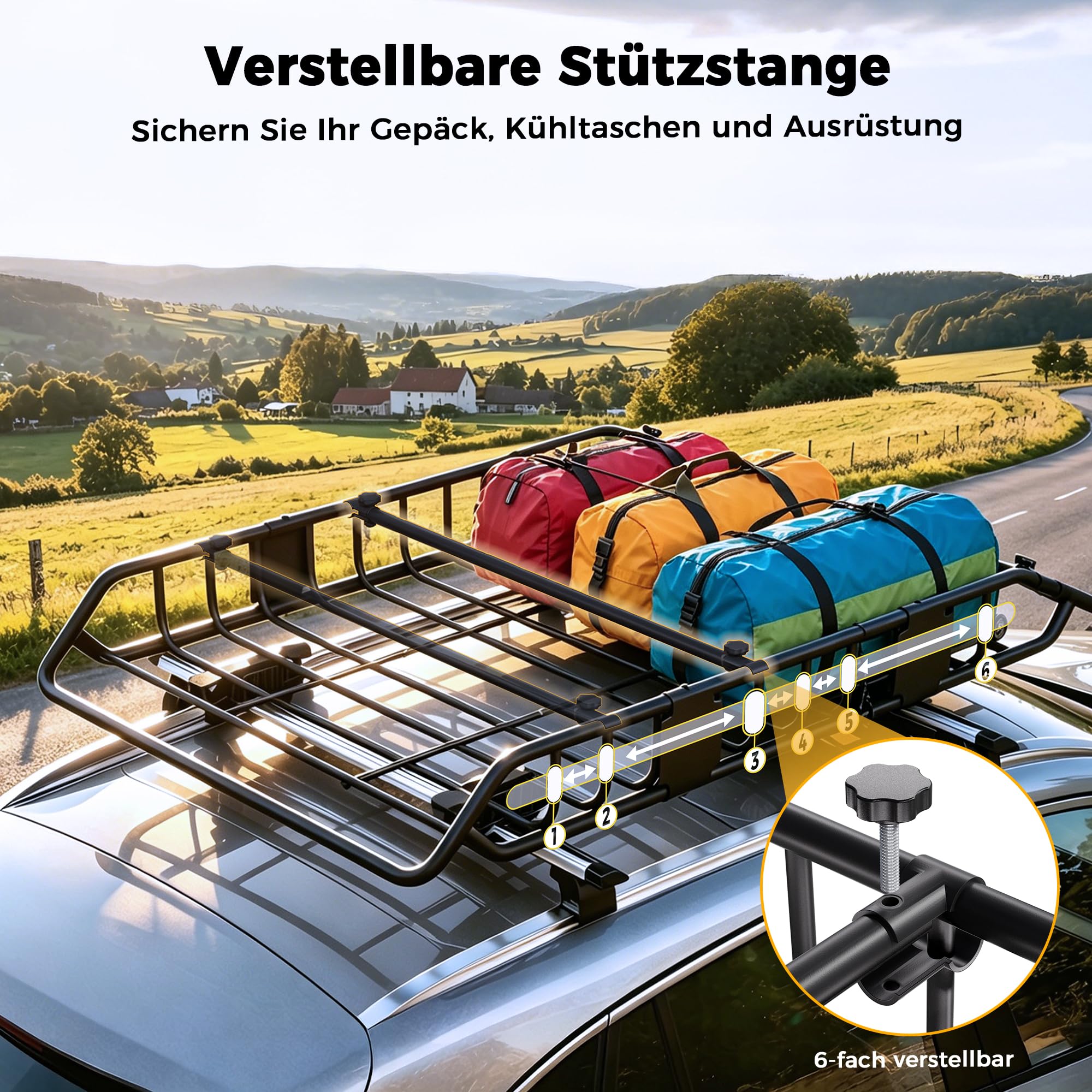 Dachgepäckträger 137 x 86 x 15 cm mit wasserdichter Dachtasche 425L | 90kg Tragfähigkeit, Verstellbare Trennstange, Gepäcknetz, Spanngurte & Schlösser, Universal für SUV Pickup Camping