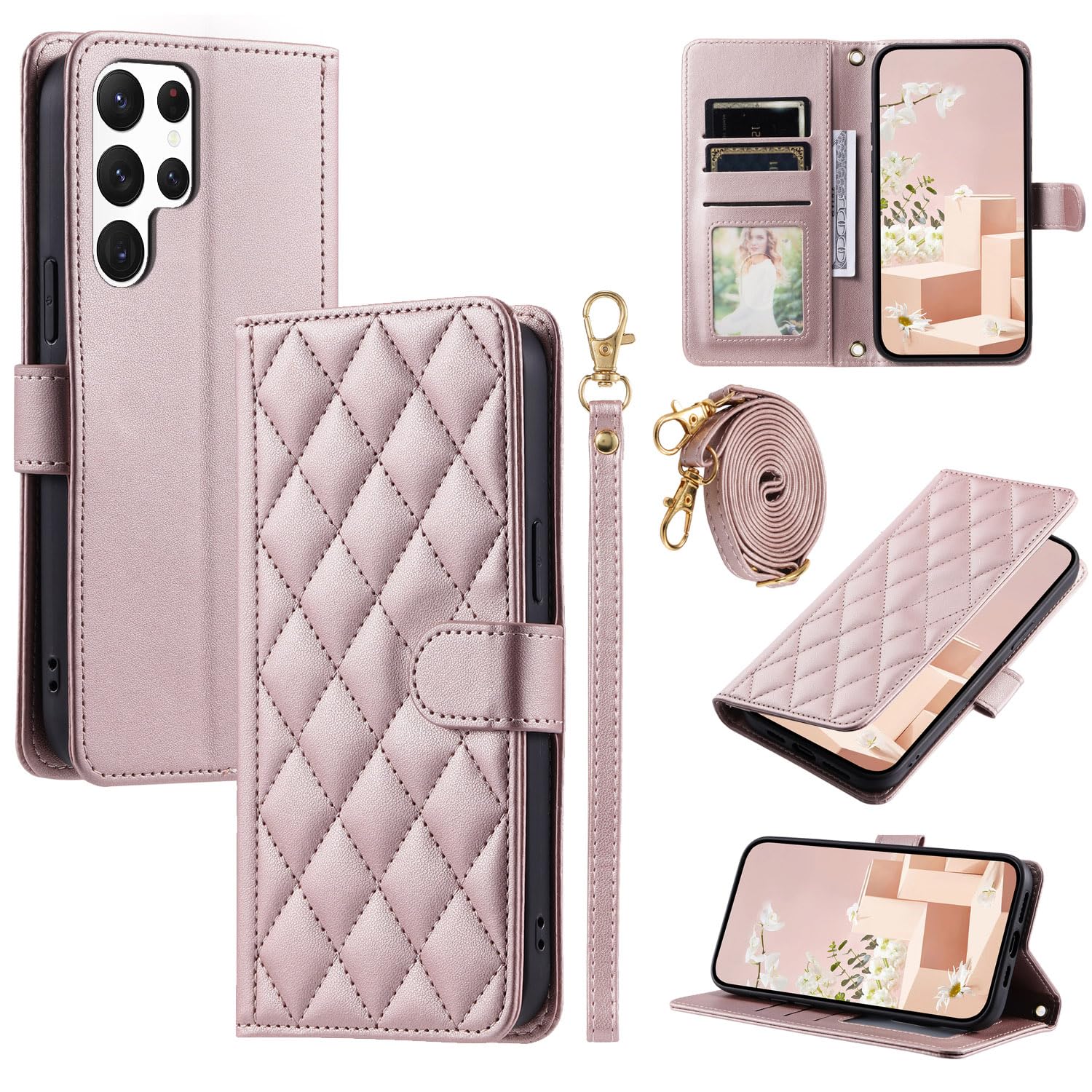 Furiet Wallet Case for Samsung Galaxy S22 Ultra 5G with Wrist Strap, Shoulder Strap, Multiple Card Slots Folio Purse, PU Leather Stand Phone Cover for S22ultra 22S S 22 S22ultra5g 6.8 Women Men Pink