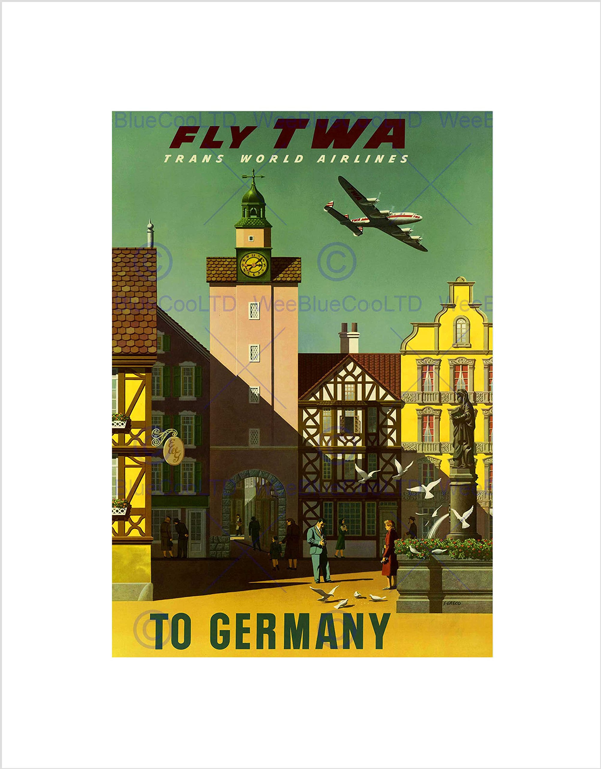 Wee Blue Coo TRAVEL TWA AIRLINE GERMANY VINTAGE ADVERT RETRO FRAMED ART PRINT MOUNT B12X1434