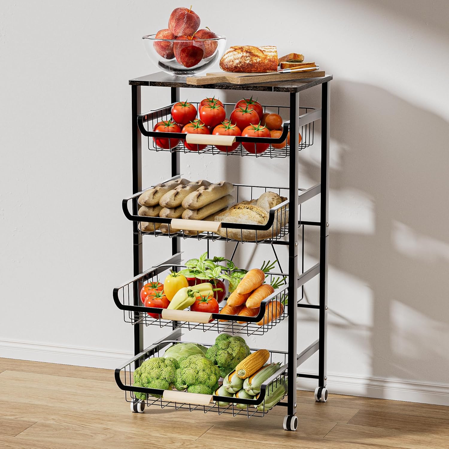 JAQ 5-Tier Fruit Vegetable Storage Cart with Wood Top, Rolling Kitchen Basket Organizer with Ergonomic Wood Handle & Wheels for Snacks Produce, Heavy Duty Metal Vianderos para Cocina Modernos, Black - Image 7