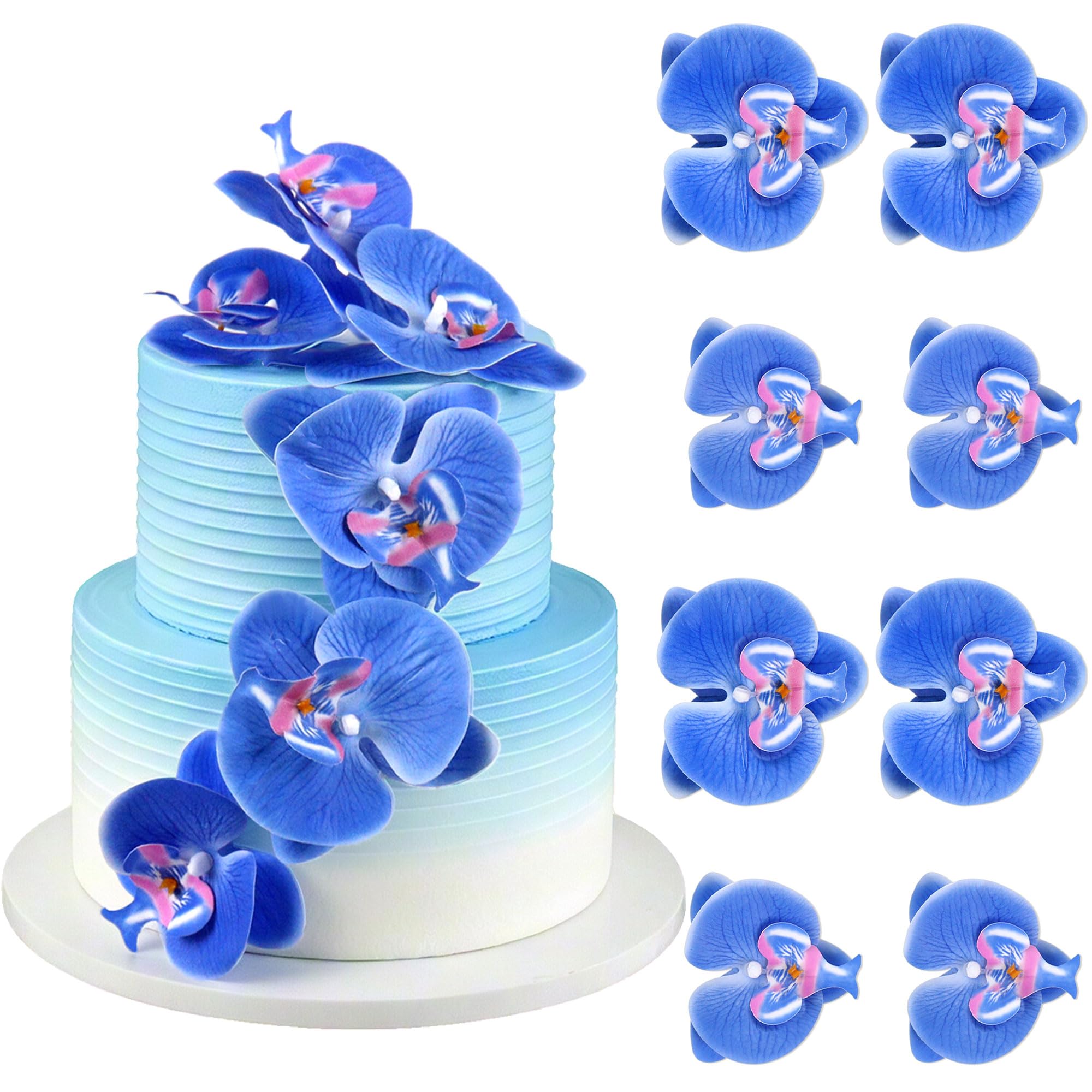 8PCS Blue Butterfly Orchid Cake Topper Artificial Phalaenopsis Decorations