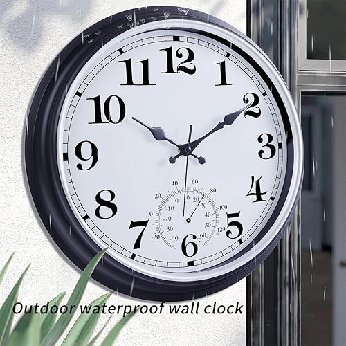 Miniatura 5 de QWARVEL Reloj grande de 16 pulgadas para exteriores, reloj retro impermeable para interiores y exteriores, reloj sin tictac con termómetro, reloj de