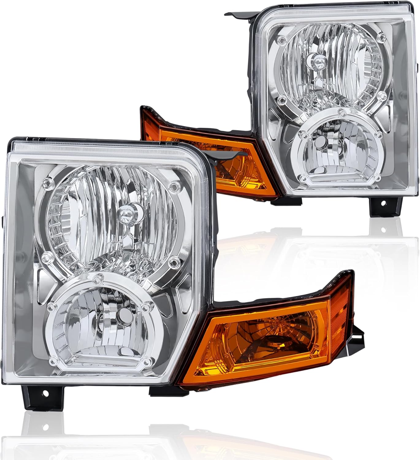 Headlights Assembly Replacement Compatible for 2006-2010 Jeep Commander Sport Utility Halogen with Clear Lens Black Housing Amber Reflector Front Lamps Driver and Passenger Side (Set of 2)