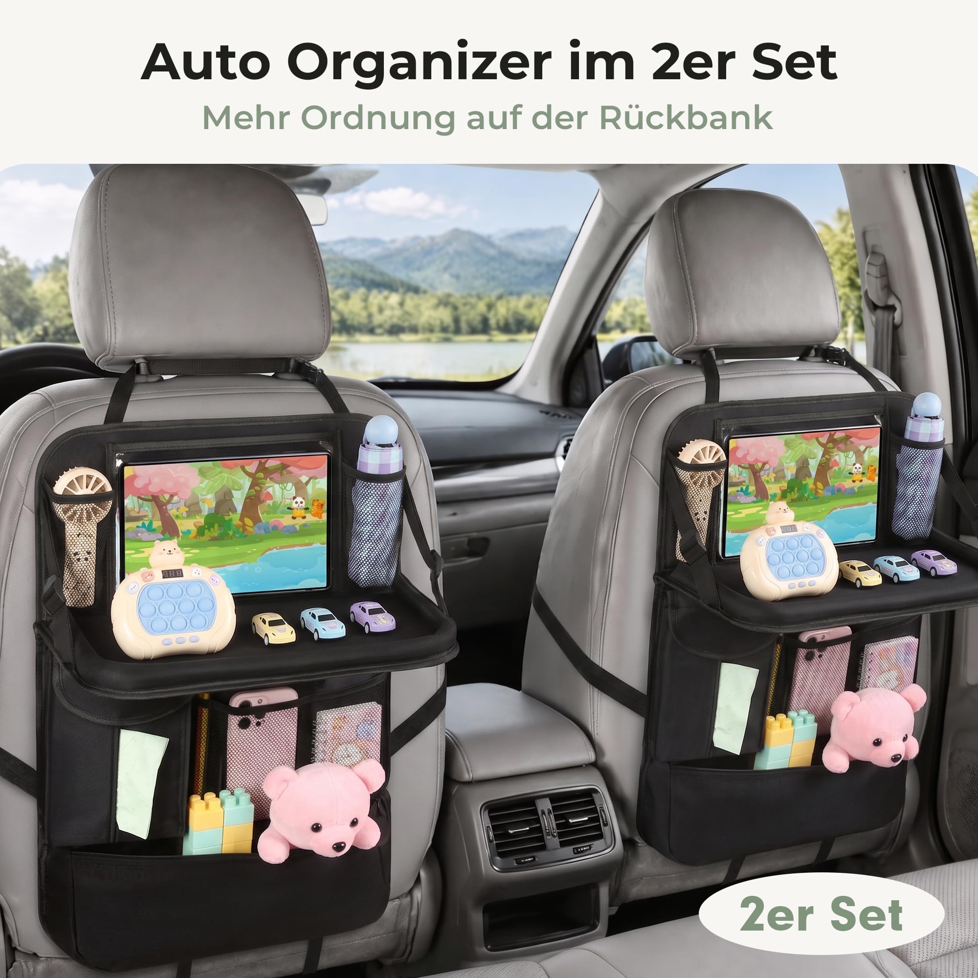 Auto Organizer Rücksitz, 2 Stück, 7 Fächer, Tücherbox, Klapptisch | Unteres Reißverschlussfach, Kleinteile sicher verstaut, sauberer Fußraum