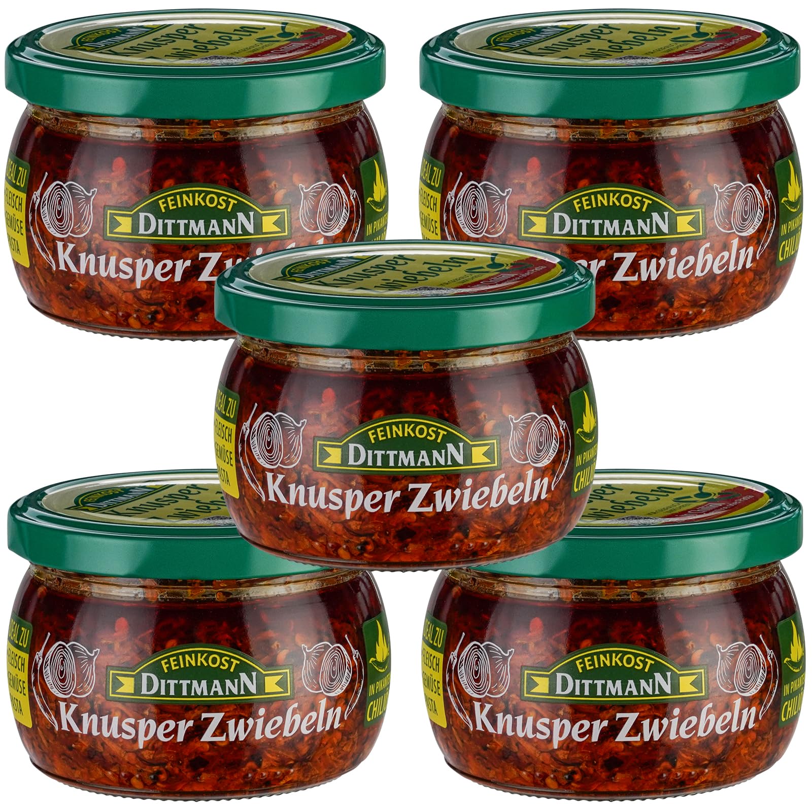 Feinkost Dittmann Knusper Zwiebeln – 185g Glas, 5er Pack | Knusprige Zwiebelbissen, Verfeinert mit Chili-Öl, Ideal für Pasta, Gemüse, Fleisch und Grillgerichte