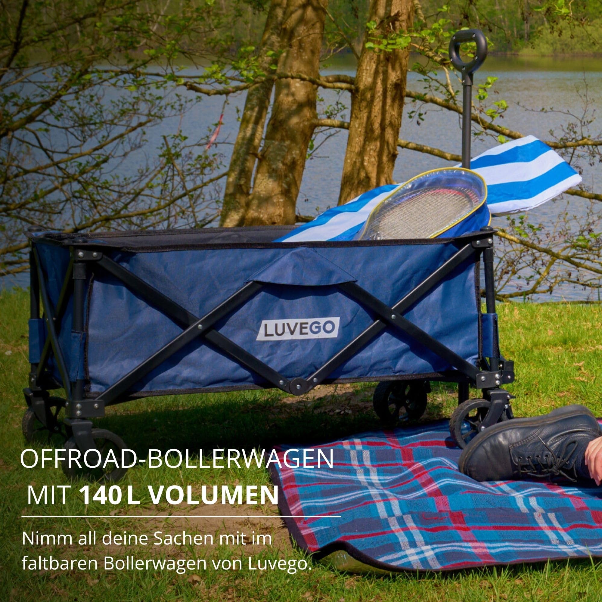 Luvego Faltbarer Bollerwagen - Geräumiger bollerwagen, Geländegängigen Rädern, 100KG Tragfähigkeit, Verstellbarer Griff, Kompakte Aufbewahrung, 80x39x33CM