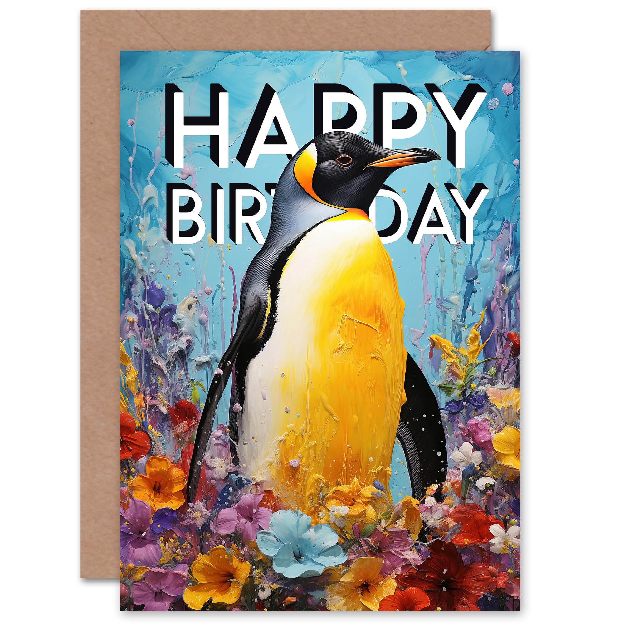 Artery8 Happy Birthday King Penguin Flower Nest For Child Her Wife Daughter Sister Blank Inside Greeting Card