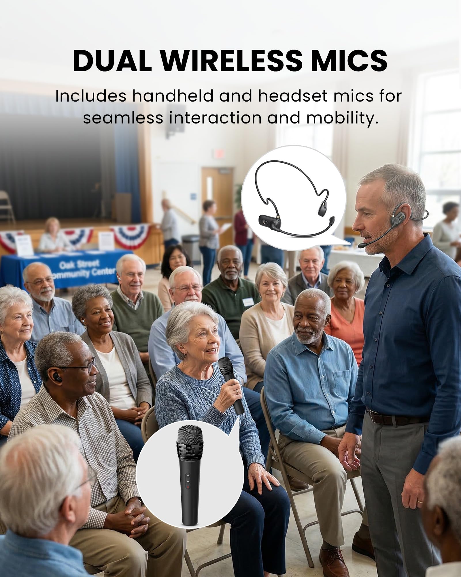 Venucast FreeMic Duo - Sistema de Duales Micrófono inalámbrico, Voz Clara para Enseñanza y Eventos, Plug & Play para Altavoz Activo, Mezclador y Transmisore con Entrada 3,5mm AUX o 6,35mm, 20m