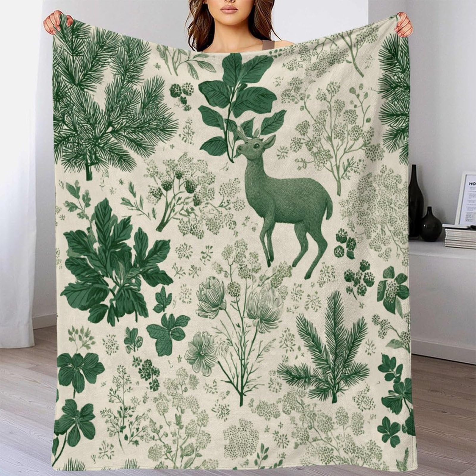 Foglie d'Erba, Rami di Cedro, Cervo Astratto Ropa Cama Para Adolescente Estampada Manta De Felpa Cómoda Y Suave Y Esponjosa Adecuada Para Sofá Cama Sofá 80x90inch(200x230cm)