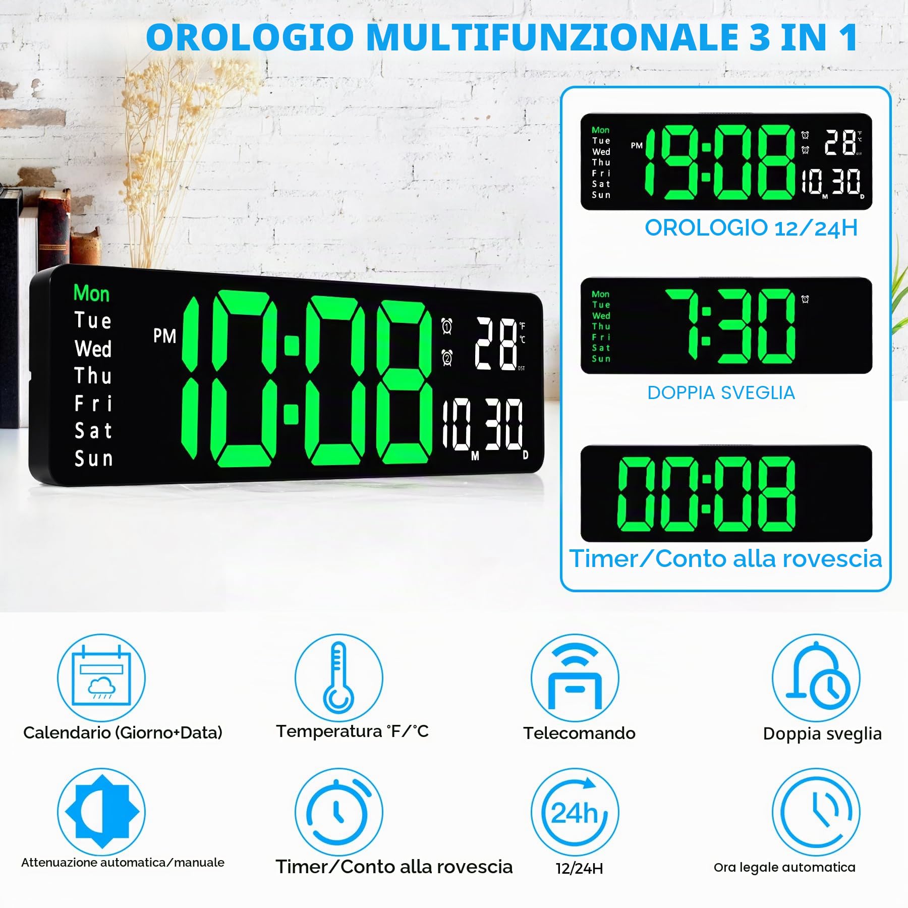Sukeen Orologio digitale da parete digitale da 13 pollici, orologio da parete, sveglia digitale, telecomando/conteggio avanti e indietro/dimmer a 10 livelli, doppio allarme/data/temperatura - Verde