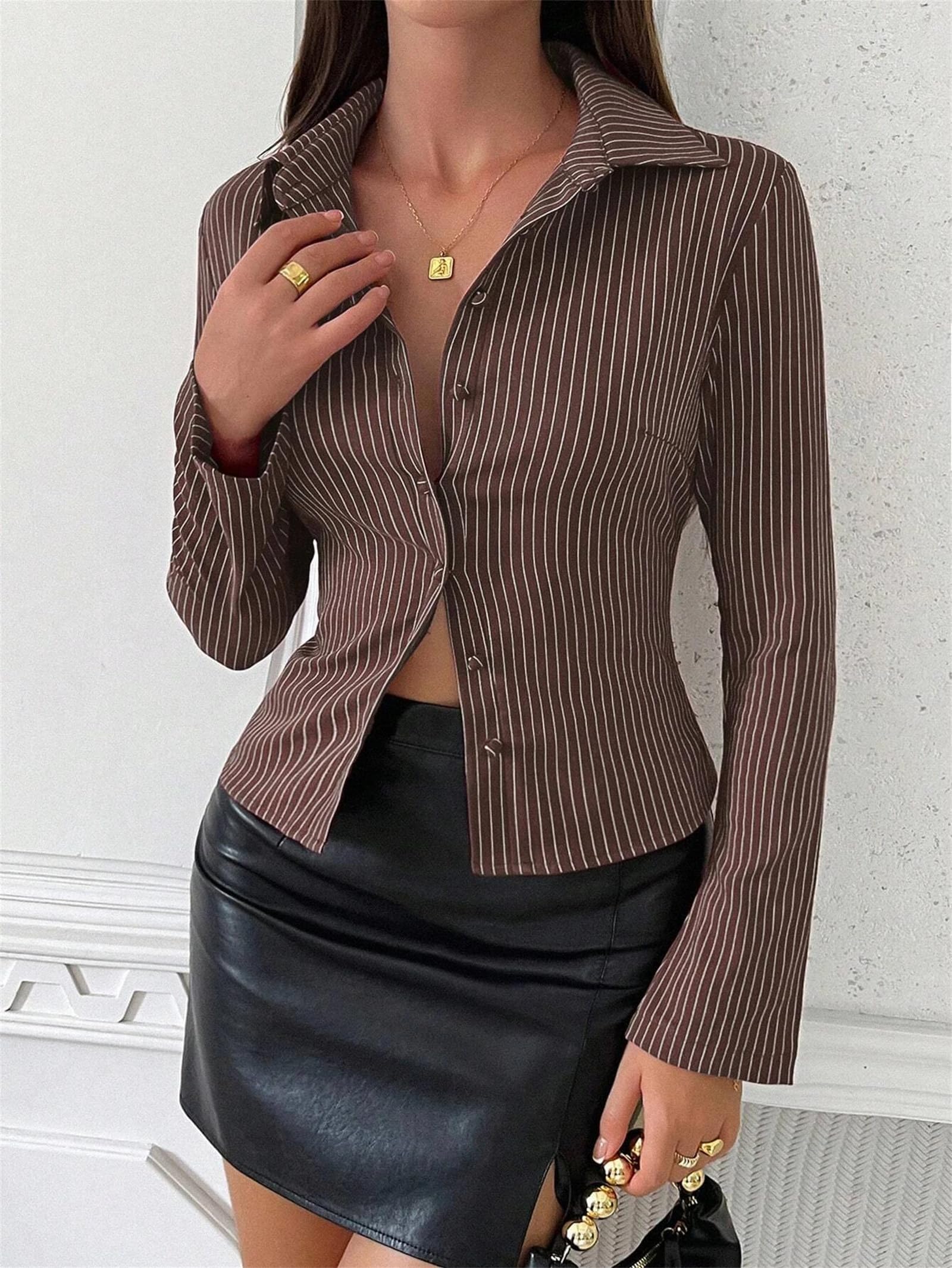 Genérico Camisa de Oficina a Rayas para Mujer, Ajustada, con Botones, Manga Larga, puños Acampanados, Cuello Vuelto, Abertura Completa y Corte elástico (café pequeño)