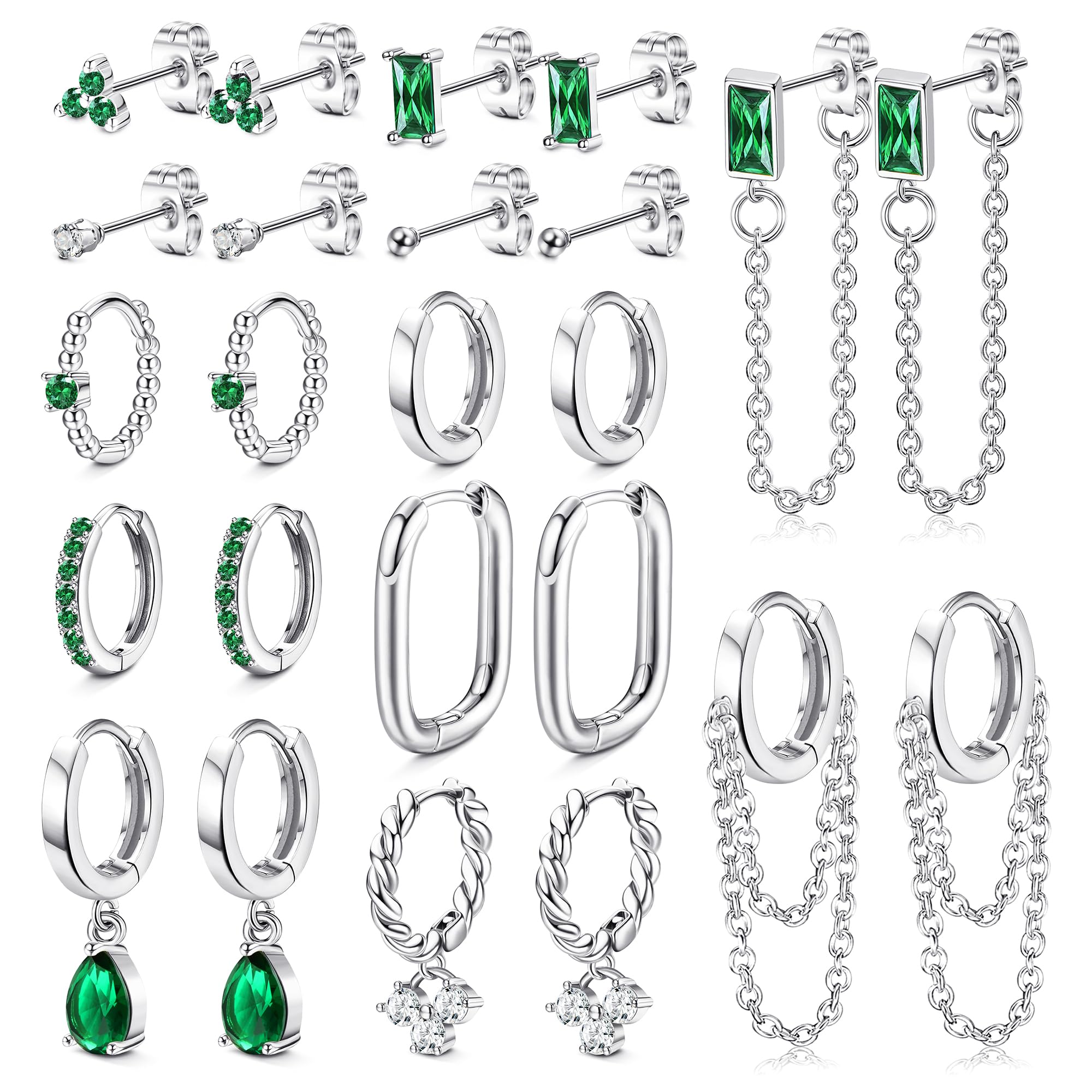 LOLIAS 12 Pares Verdes Pendientes Dorados para Múltiples Piercings Mujer Acero Inoxidable Juego de Aretes Chapados en Oro Cadena Pendientes Aro Oro Pequeños Piercing Oreja