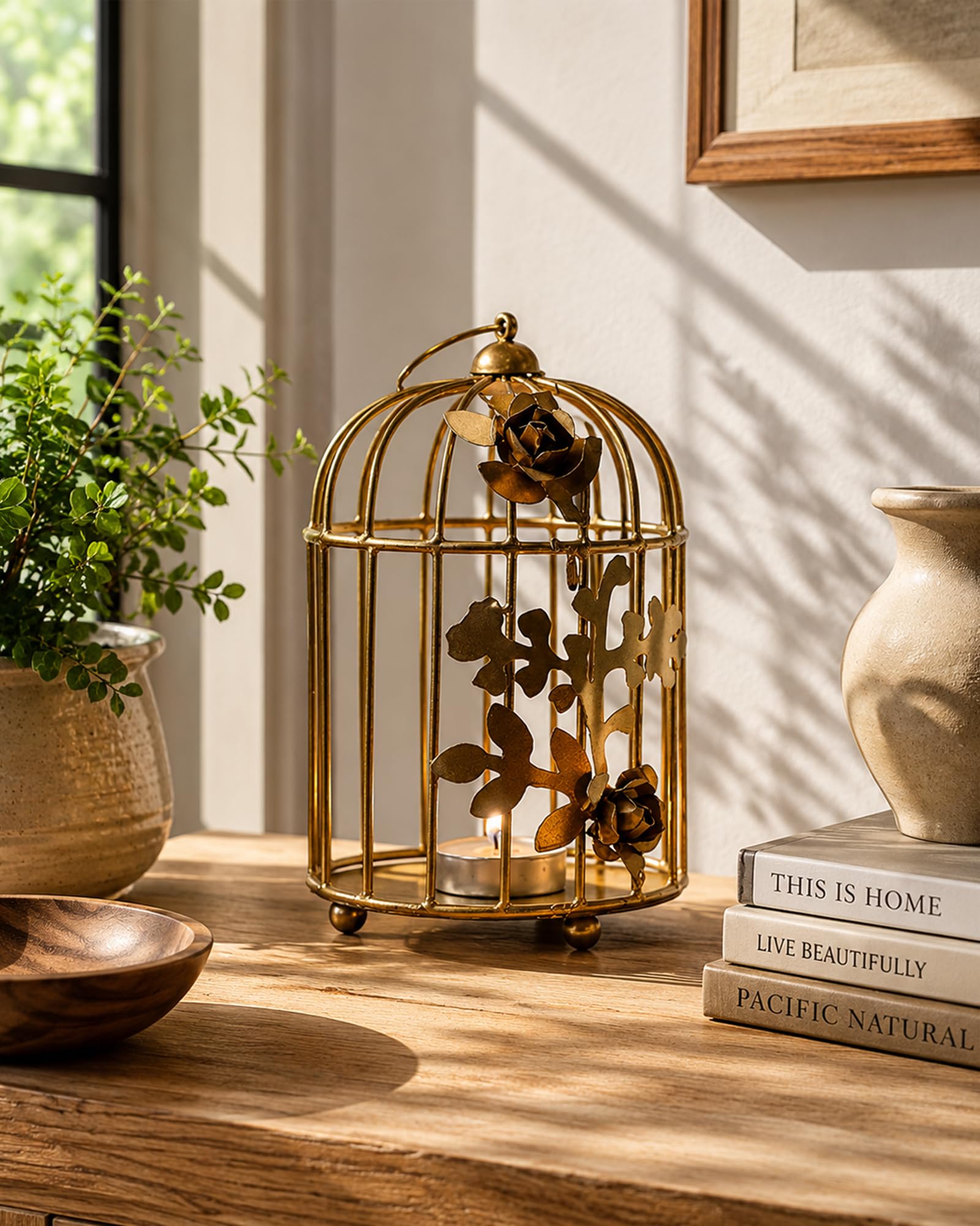Homesake Table Decor Metal Bird Cage Light Antique Diwali Showpieces for Home Decor tealight Candle Holders - Golden-image-12