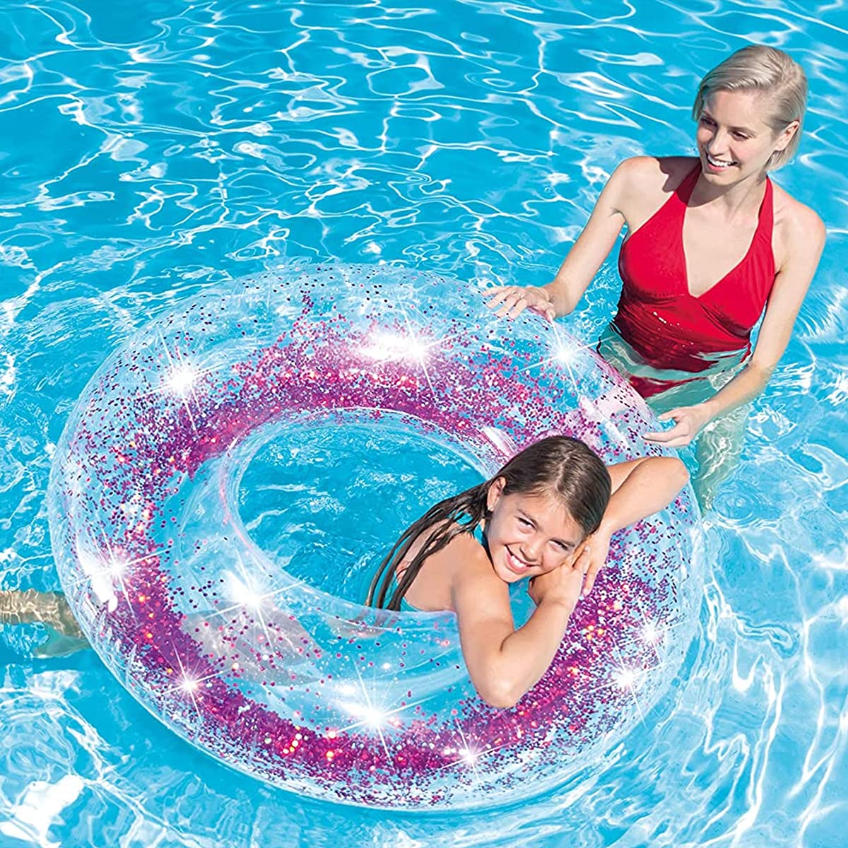 2 pzs Anillos de Natación con Purpurina, 85cm PVC Flotador Transparente, Flotador Hinchable Redondo, Flotador de Piscina Adulto, para Fiesta de Verano Piscinas de Verano y Playa para Adultos y Niños