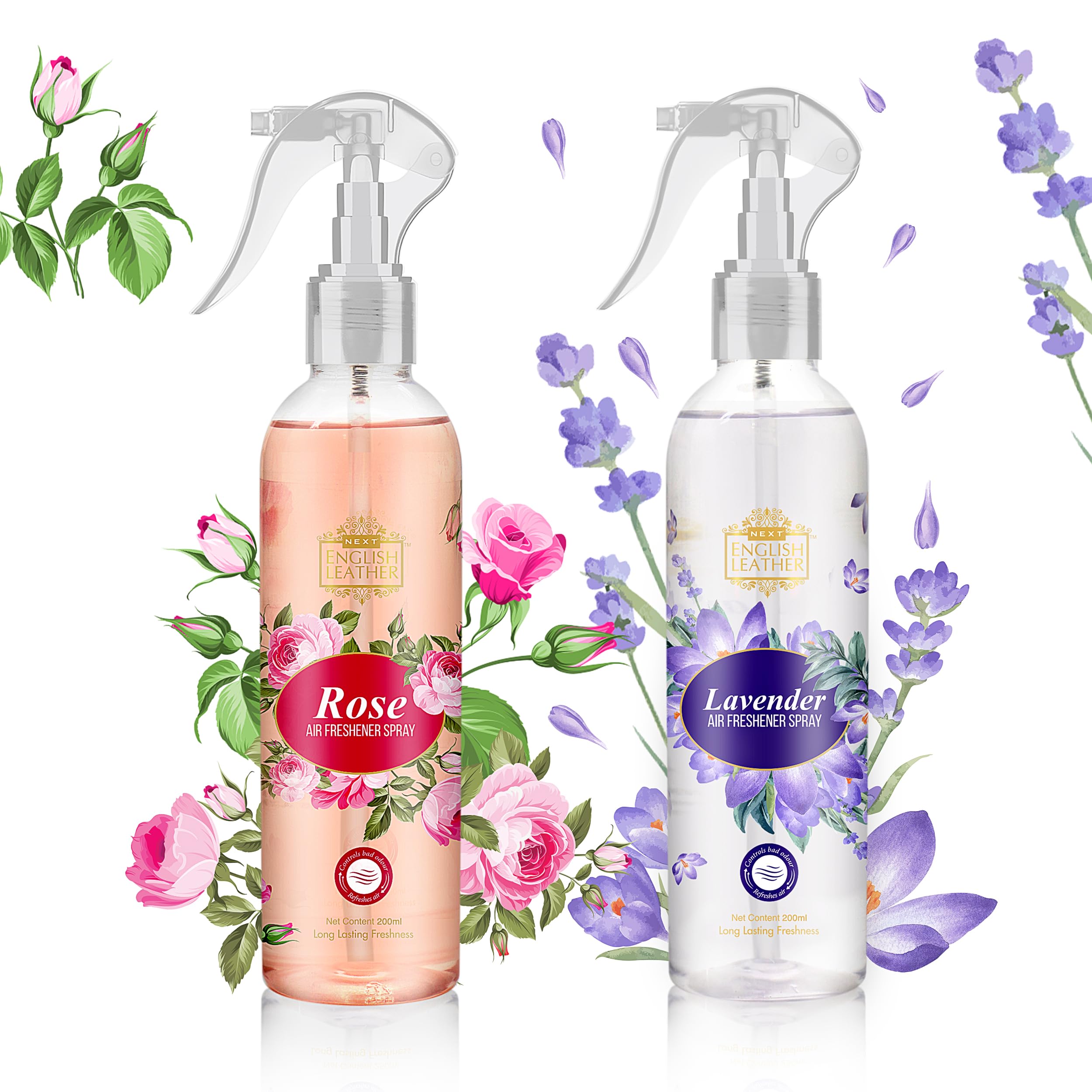 Next Care English Leather Air Freshener Spray Combo Pack – Rose + Lavender (200 ml Each) | Long Lasting Room Freshener | Gas-Free Deodorizer for Home, Car & Office | 2 Fragrances Set