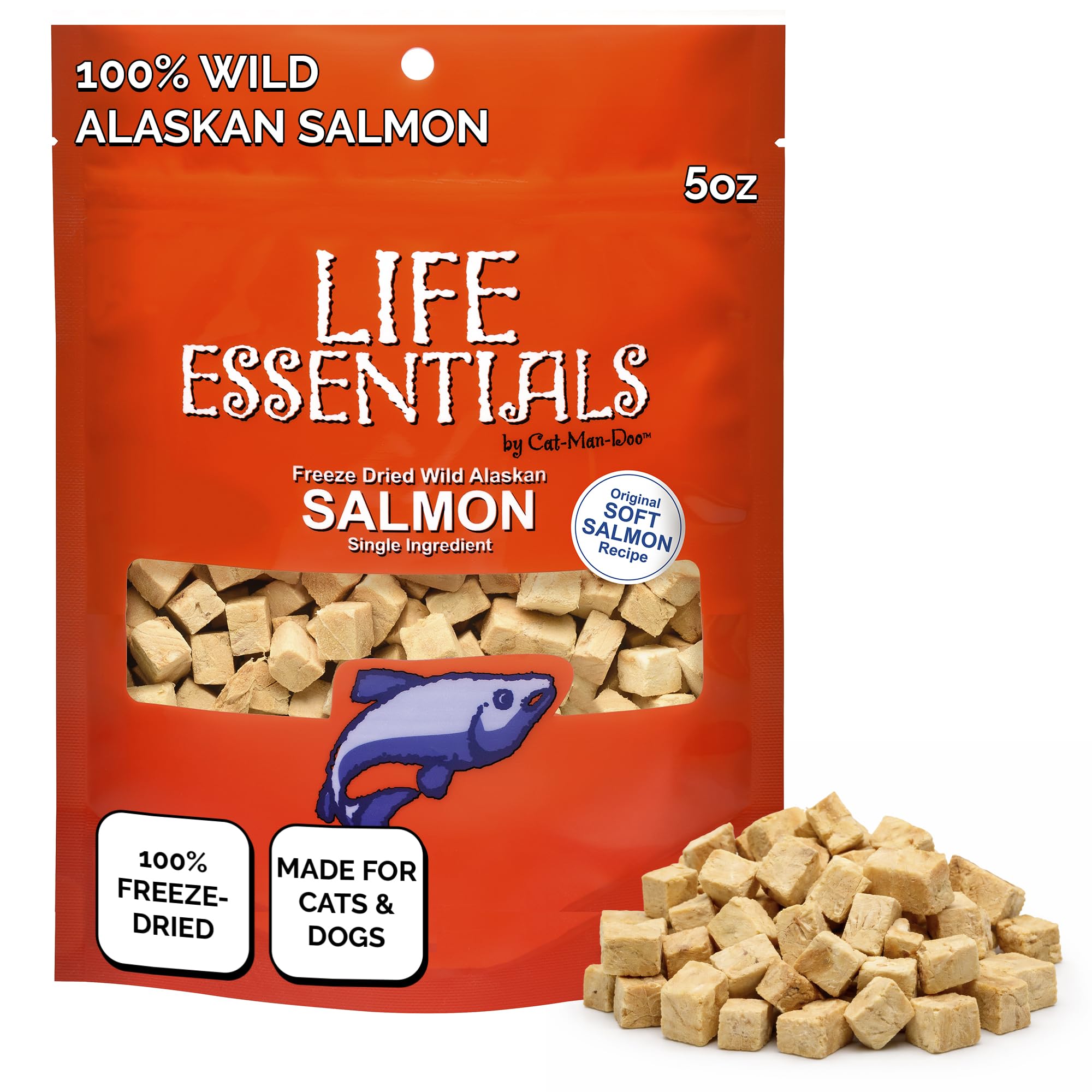 LIFE ESSENTIALS BY CAT-MAN-DOO Freeze Dried Salmon Dog & Cat Treats, Wild Caught Single Ingredient, Healthy Dog & Cat Treats, 5 oz