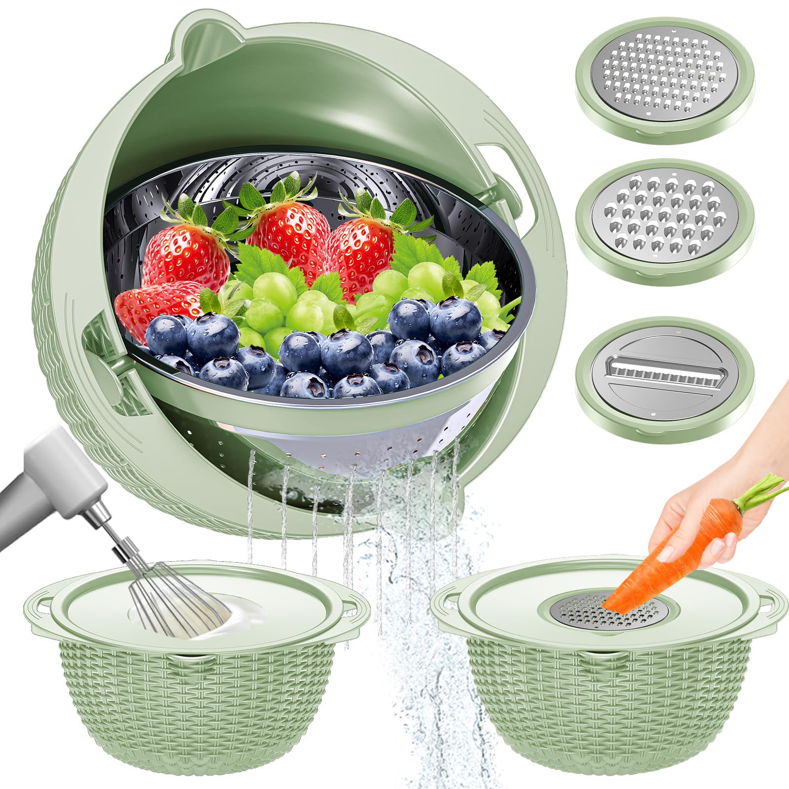 4-1 Colander with Fruit Bowl Set - Colander for Kitchen, Rotatable Strainers and Colanders(Patented), Pasta Strainer with New Upgraded Graters for Fruit, Veggie, Aesthetic Kitchen Essentials - Green