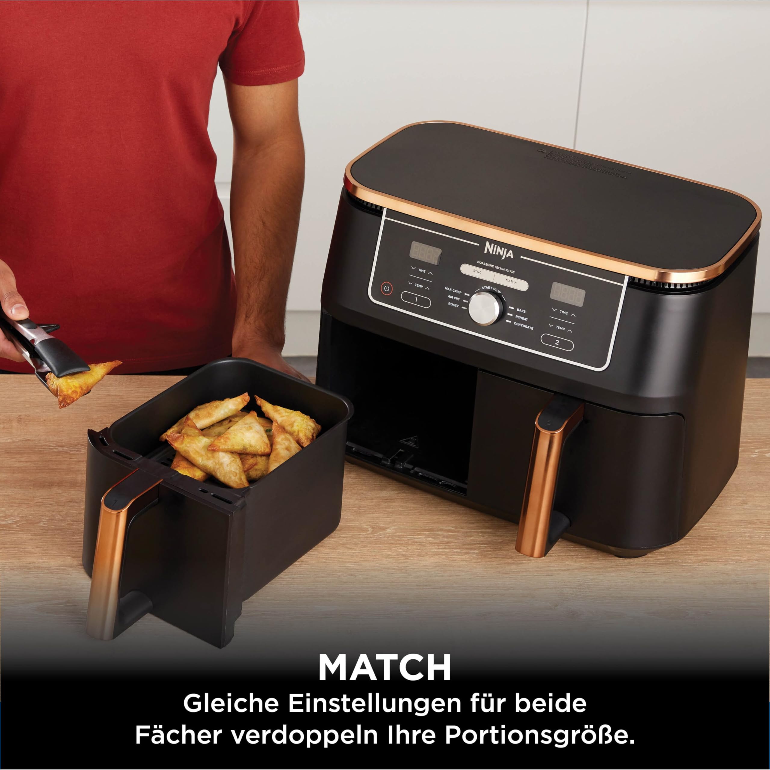 Ninja Foodi MAX Dual Zone Heißluftfritteuse 9,5L Airfryer 2 Fächer Antihaftbeschichtung spülmaschinenfeste Körbe 6-in-1 Kupfer/Schwarz AF400EUCP