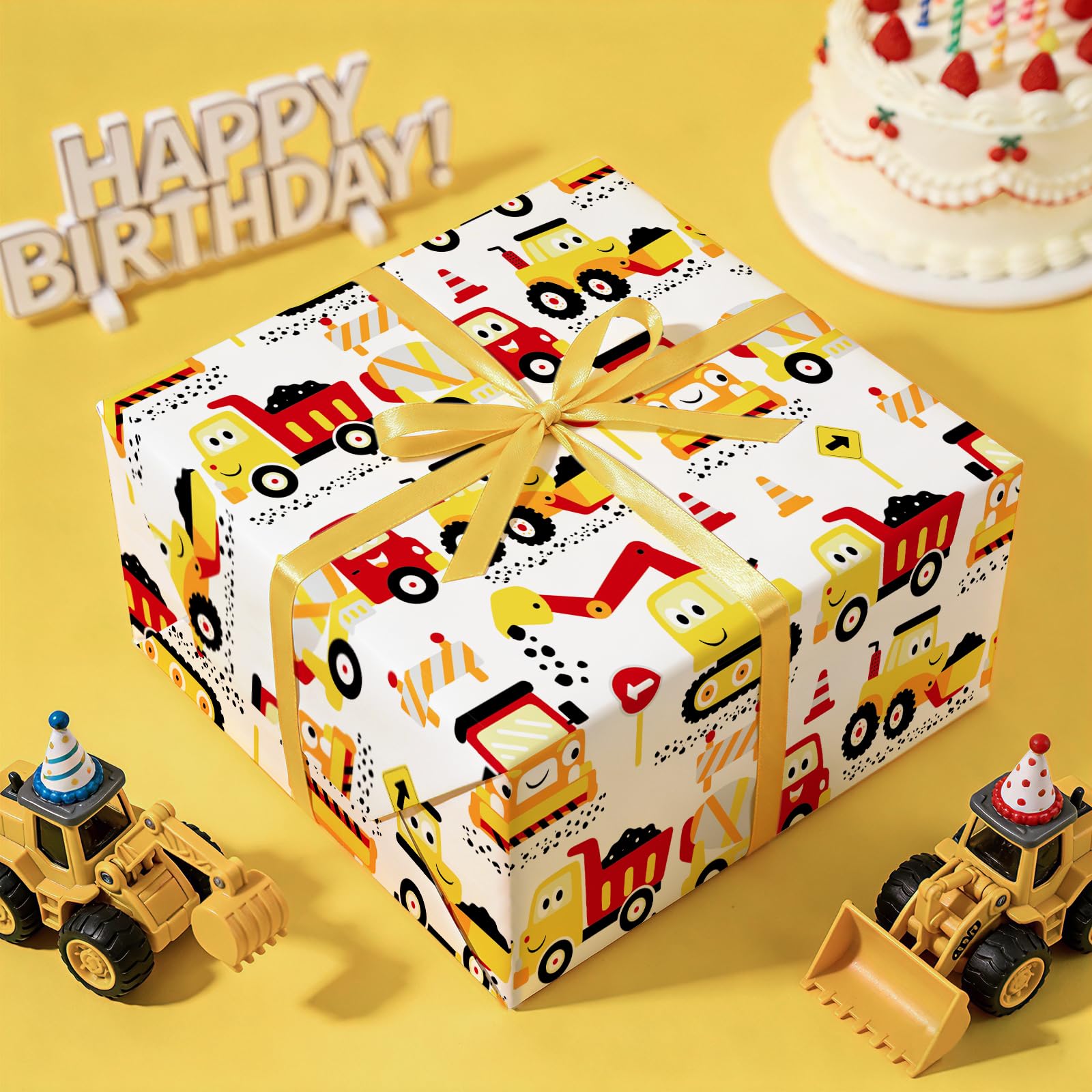 WRAPAHOLIC Jumbo Rouleau de papier cadeau de construction – 76,2 cm x 10 m – Motif tracteur pelleteuse, camion pour anniversaire de garçon, fête prénatale