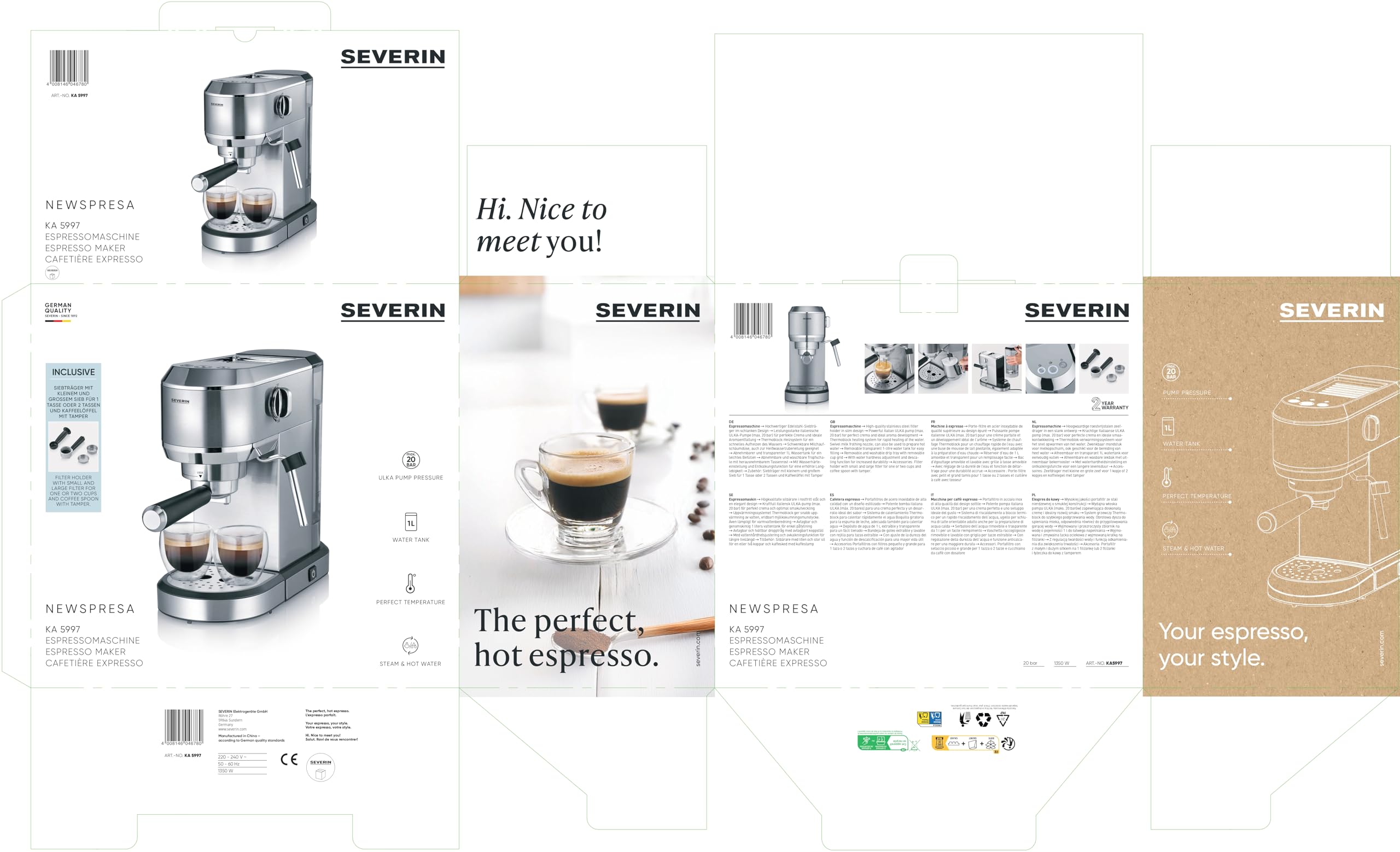 SEVERIN Cafetera espresso ‘Newspresa’, bomba ULKA de 20 bares, boquilla para espumar leche, depósito de agua de 1 litro, para una o dos tazas, color plata, acero inoxidable, 1350 W, KA 5997