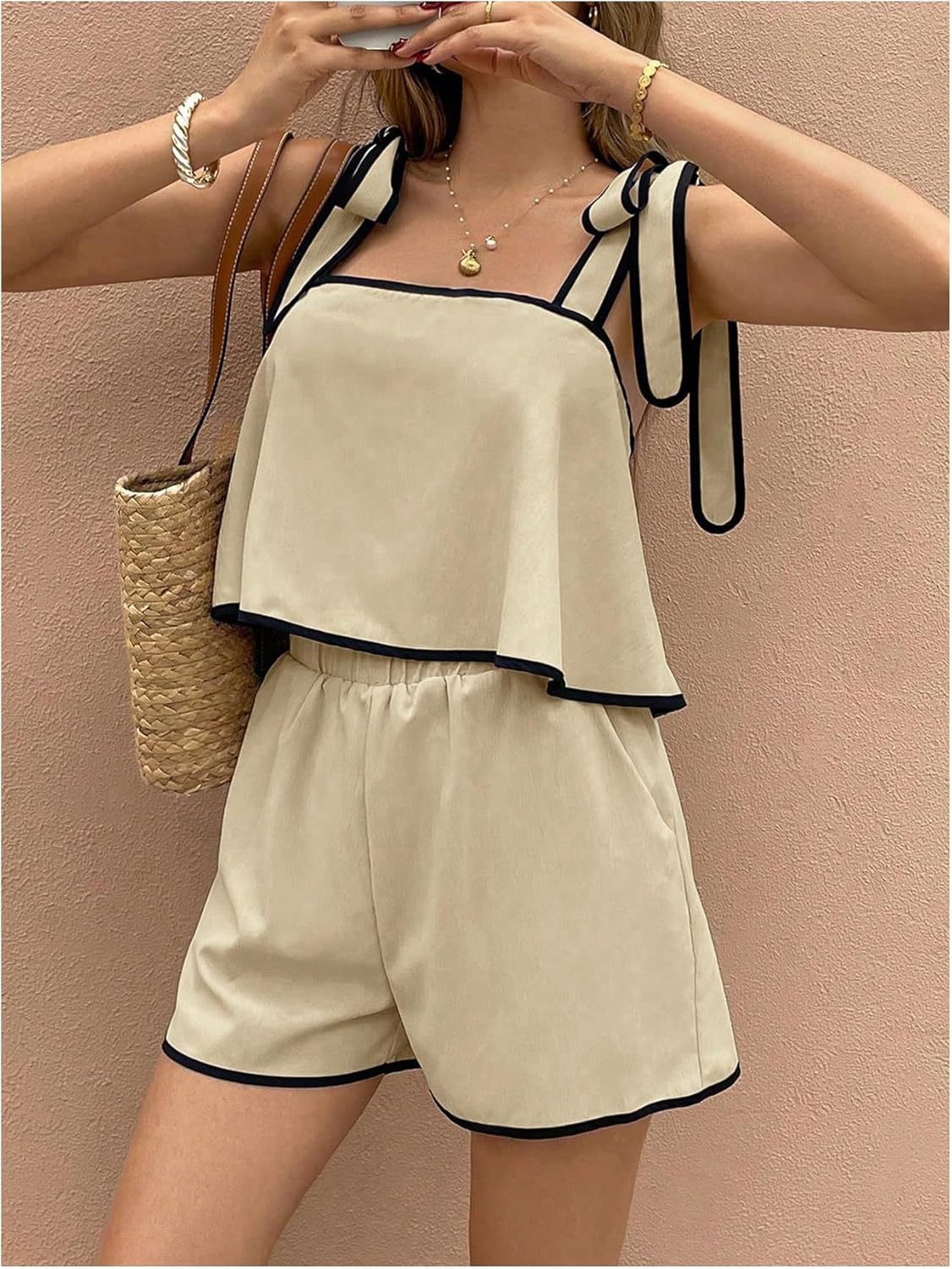 SweatyRocks Women's Summer Outfits 2 Piece Tie Shoulder Top and Shorts Matching Sets - Image 3