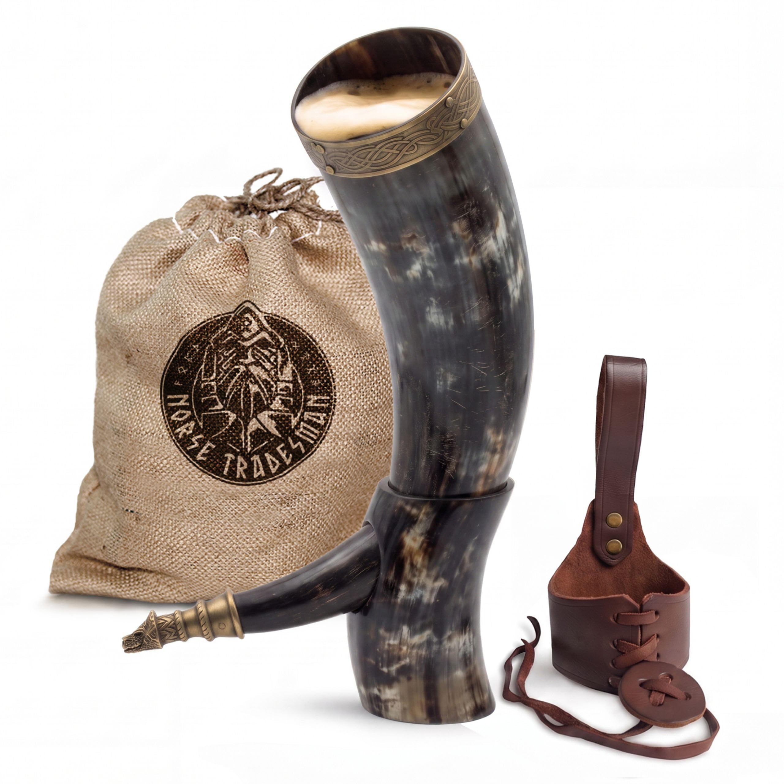 Norse Tradesman Viking Drinking Horn Mug - Lighter Color Horn - 100% Authentic Beer Horn Tankard With Hardwood Bottom &amp; Ring Engravings | The Eternal, approx. 16 oz