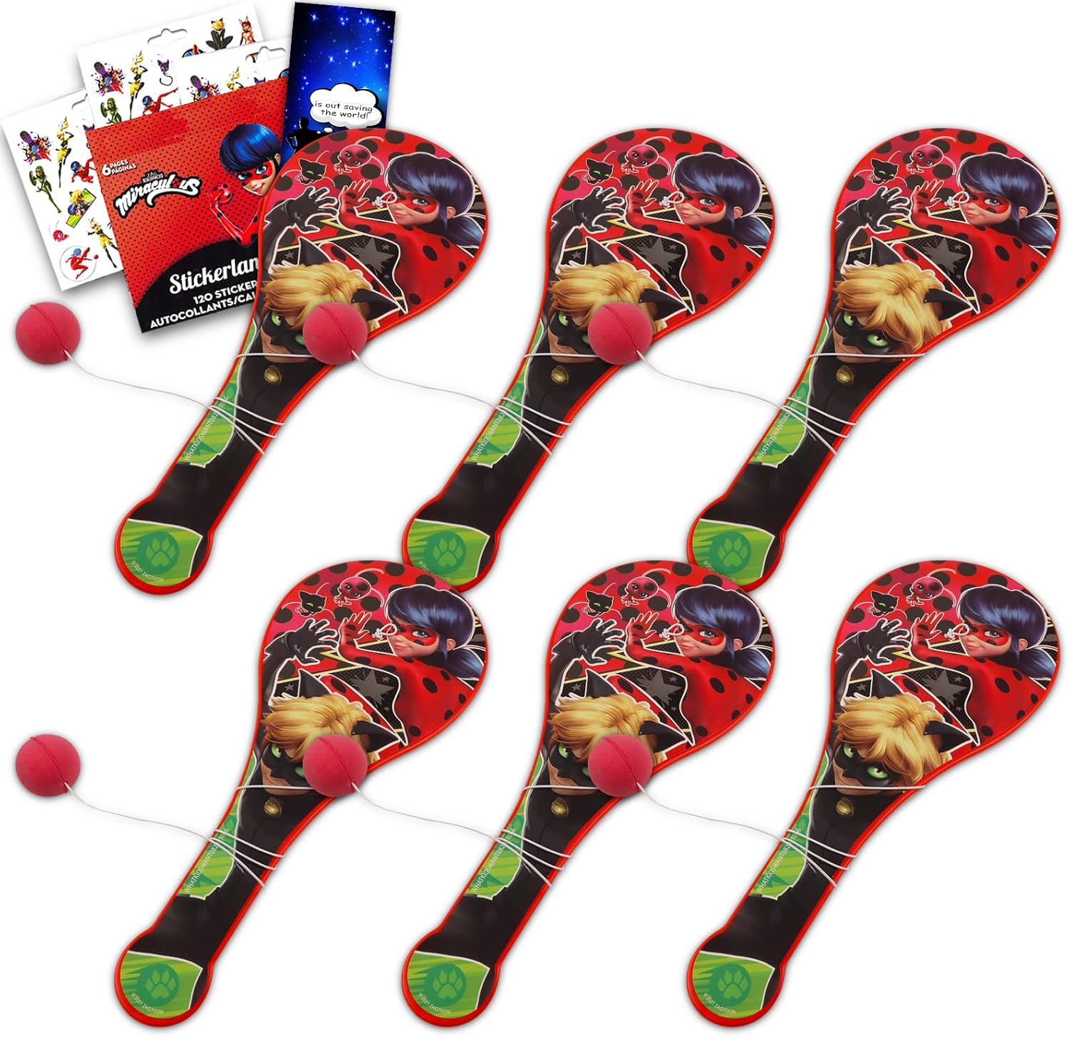 Zagtoon Miraculous Ladybug Paddle Ball Party Favors 6 Pc