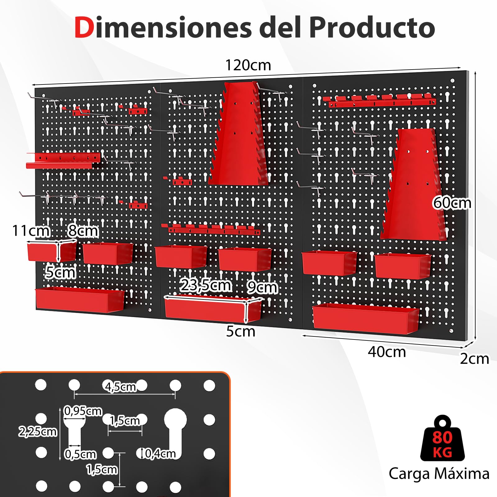 COSTWAY Organizador de Herramientas de Pared, Panel Perforado con 9 Contenedores PP, Soportes para Destornilladores y Brocas, 12 Ganchos, Almacén Resistente para Garaje, Taller (Negro y Rojo)