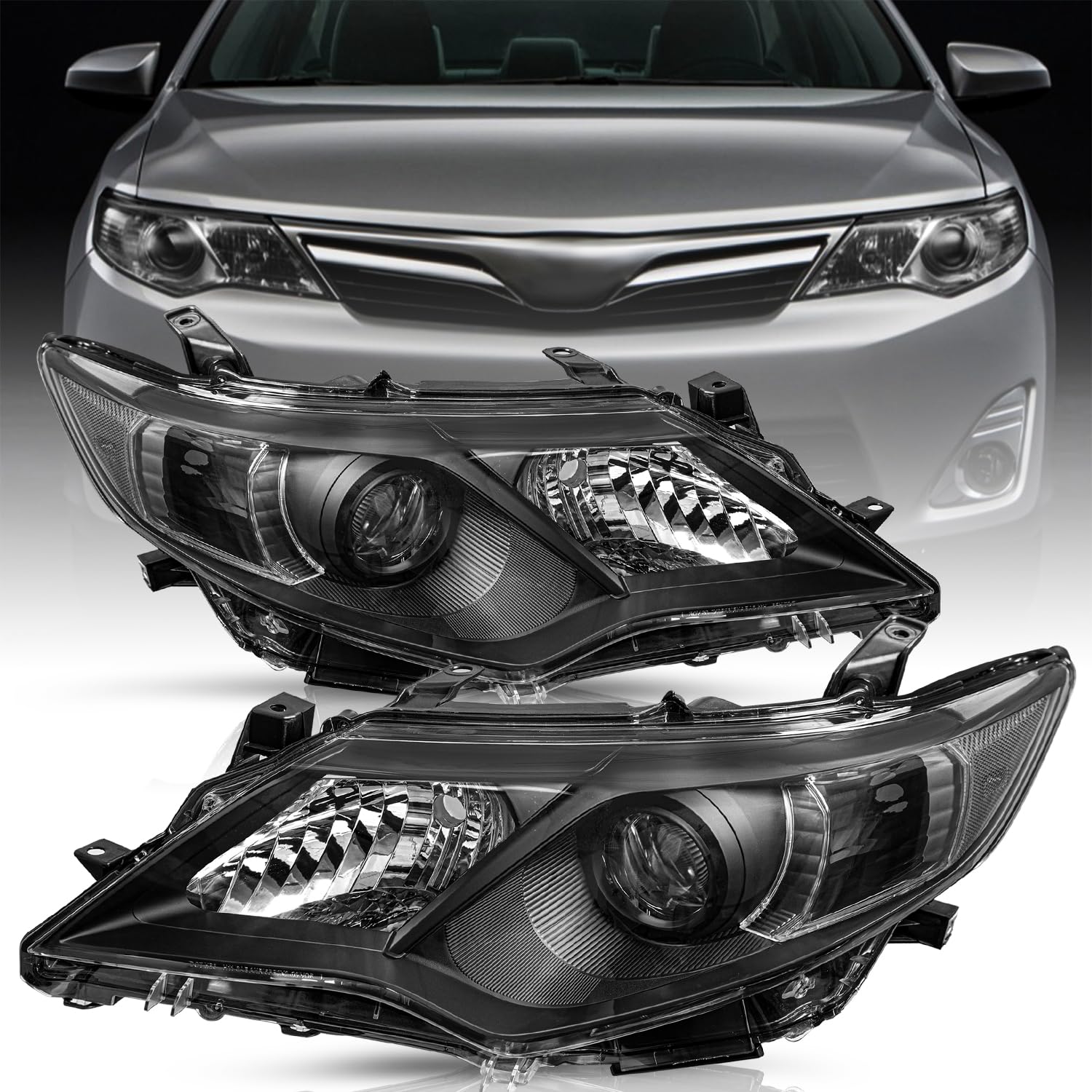 Compatible with 2012-2014 Toyota Camry Headlight L/Le/Xle/Hybrid/SE Assembly Driver Passenger Side(Black Housing with Clear Reflector)