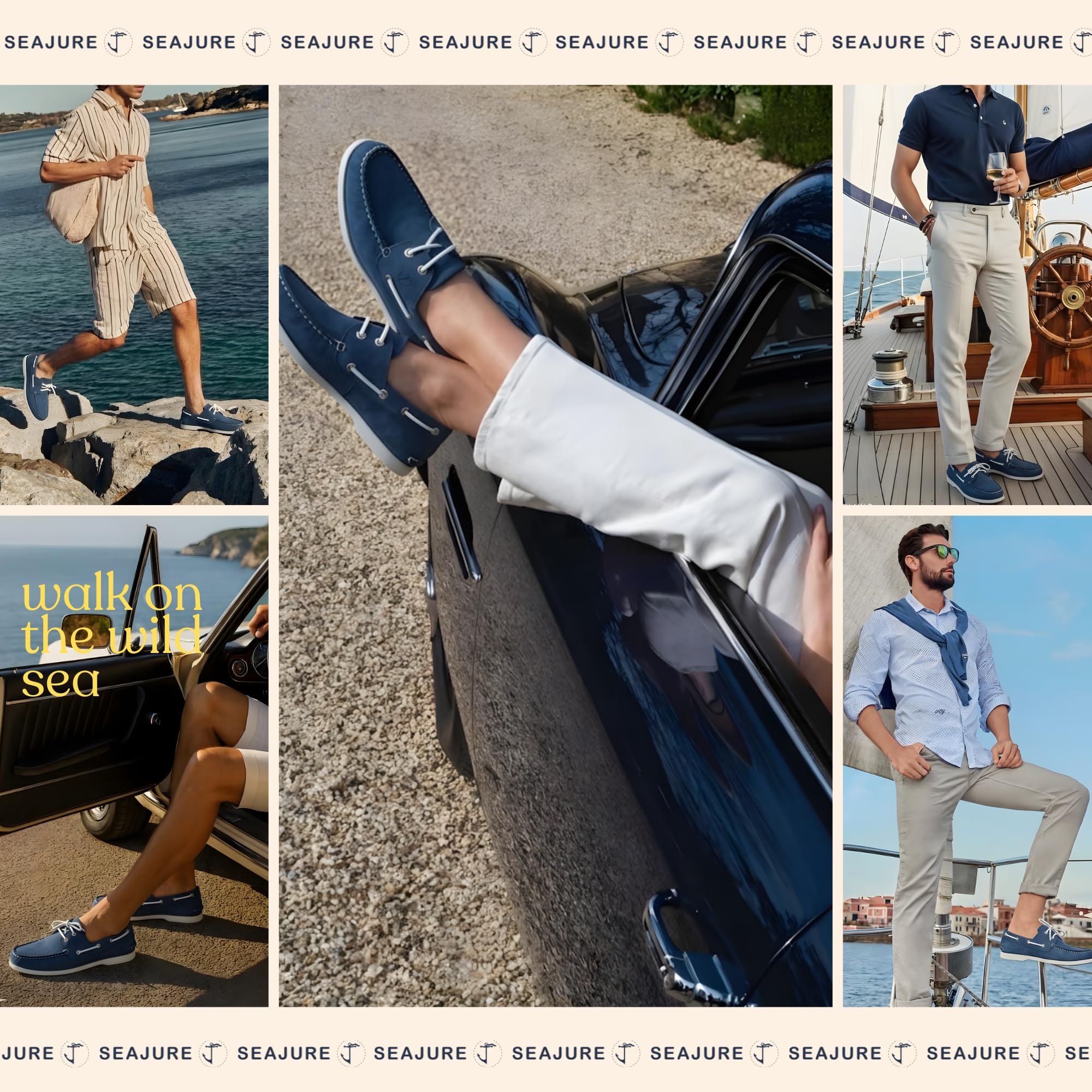 Seajure Trebaluger Bootsschuhe Herren Leder, Blau, Premium Segelschuhe, Mokassins, Slipper, Halbschuhe aus Echtleder Nubuk, rutschfeste Non Marking Gummisohle, handgefertigt in Portugal