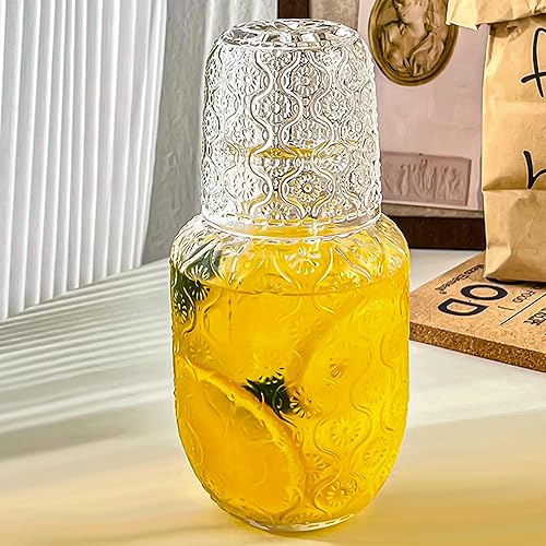 Miniatura 7 de Juego de jarra de agua vintage para mesilla de noche de dormitorio, jarra de agua para mesita de noche, jarra de enjuague bucal de vidrio rayado