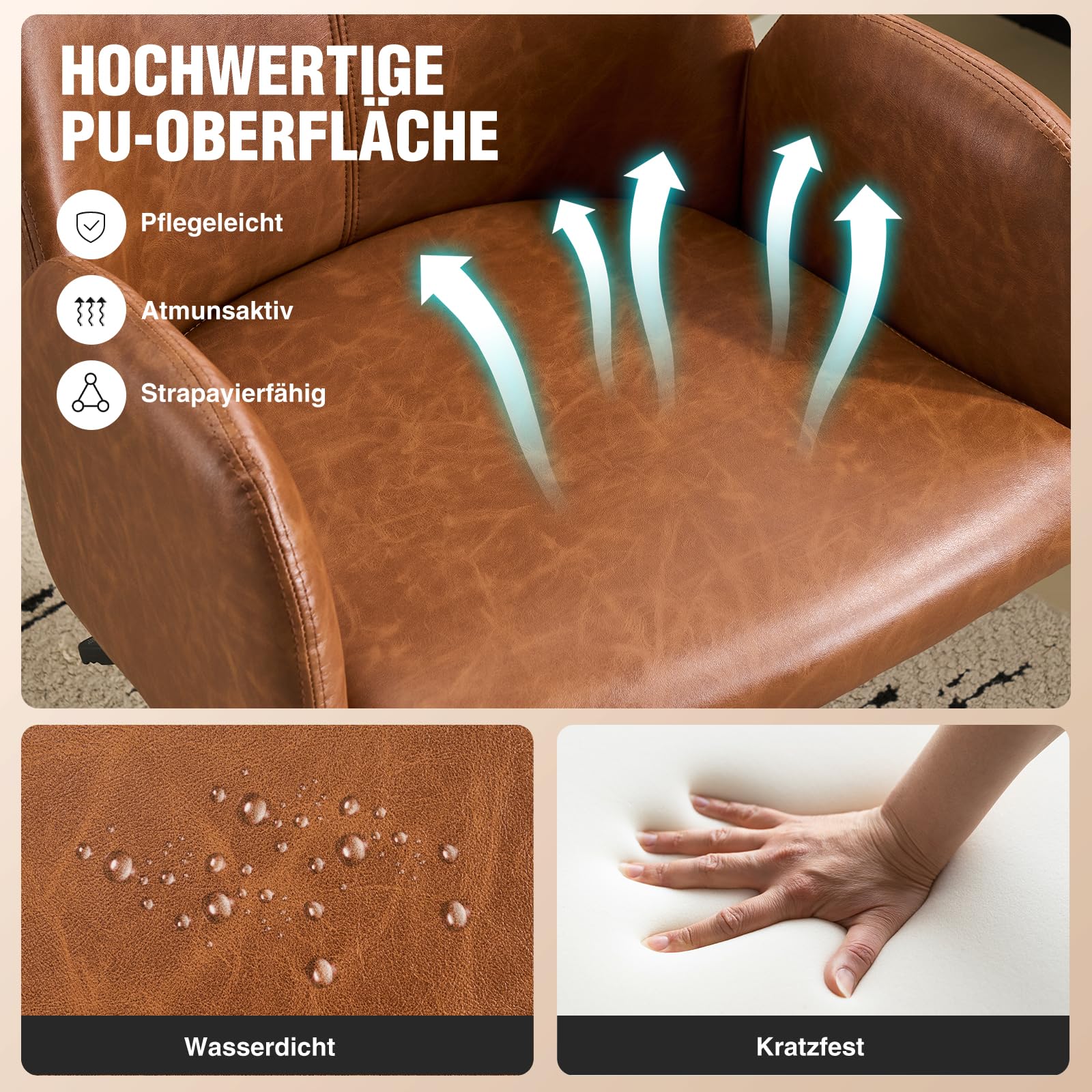 Bürostuhl Ergonomisch, PU Leder Homeoffice Stuhl, Drehstuhl, Schreibtischstuhl Computerstuhl mit Gepolsterter Armlehnen und Höhenverstellbar, Neigefunktion für Büro Schlafzimmer, Braun